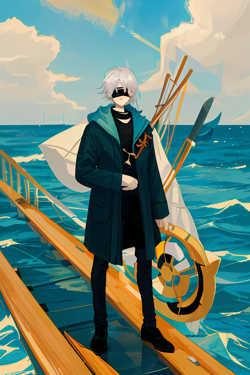 Create a person with an eye patch in the middle of the sea
