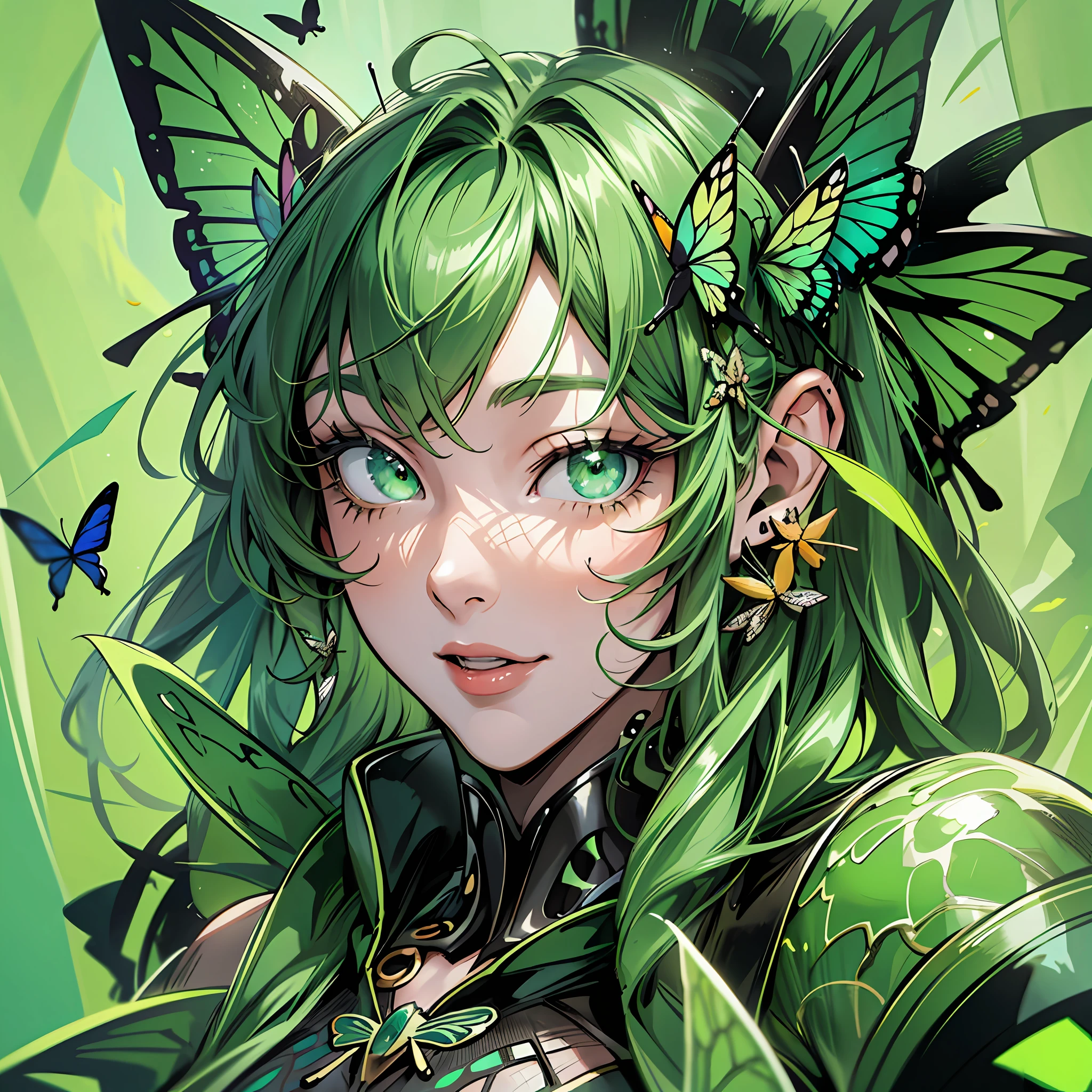 Close up portrait of woman in green and black costume, best anime 4K wallpaper, cyberpunk butterfly, mechanized valkyrie girl, biomechanical, human structure bee concept art, highly detailed Artgerm based on butterfly, cyborg man butterfly, anime style 4k, insect trainer girl, butterfly