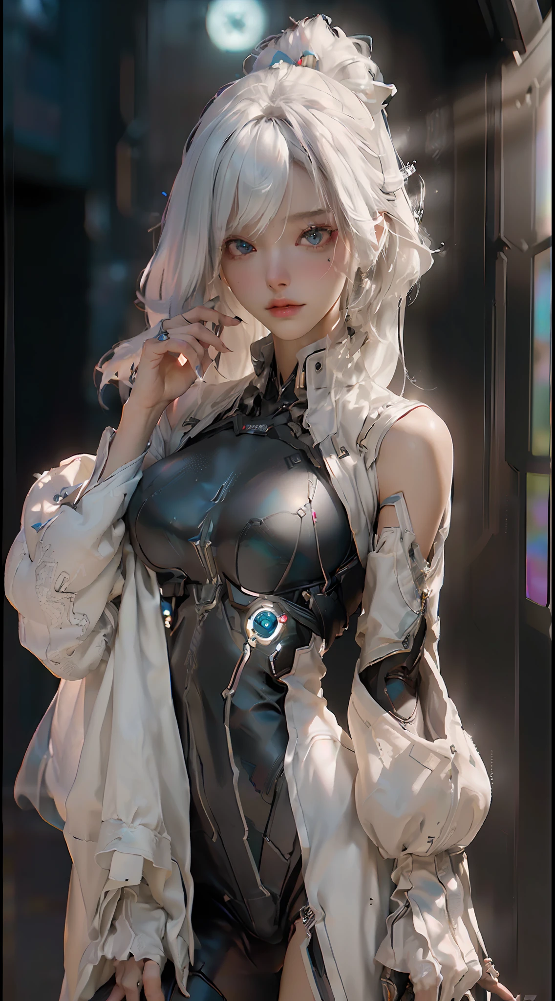 (Best Quality), ((Masterpiece), (Detail: 1.4), 3D, A Beautiful Cyberpunk Woman, HDR (High Dynamic Range), Ray Tracing, NVIDIA RTX, Super-Resolution, Unreal 5, Subsurface Scattering, PBR Textures, Post-Processing, Anisotropic Filtering, Depth of Field, Maximum Sharpness and Clarity, Multi-layer Textures, Albedo and Highlight Maps, Surface Shading, Accurate simulation of light-material interactions, perfect proportions, Octane Render, two-color light, large aperture, low ISO, white balance, rule of thirds, 8K RAW, medium breast, frosted glass mech