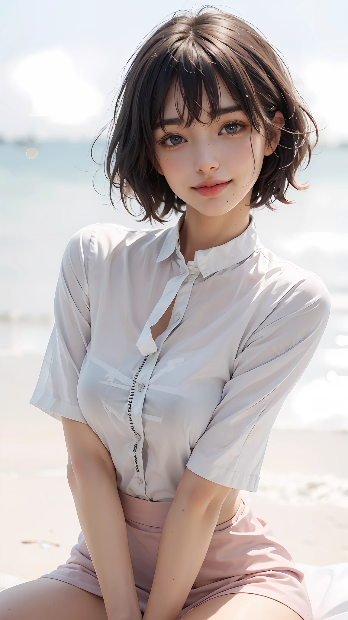 (8k, top quality, masterpiece: 1.2), (realistic, photorealistic: 1.37), super detailed, girl single, cute, solo, sitting, dating, (blush), (smile: 1.15), (closed mouth), big breasts, gaze staring at camera, breast staring at camera, fine beautiful eyes, large round eyes, clear double eyelids, eyelashes, (shirt with collar: 1.1), wet, office clothes, (Short hair: 1.2), floating NovaFrogStyle, bangs, long neck, happy smile, mouth closed, pretty face, realistic skin type, realistic texture, unbutton, light pink lip, really nothing background, really pure white background, 28 years old, high school student, no shadows on face, natural light, not thick upper lip