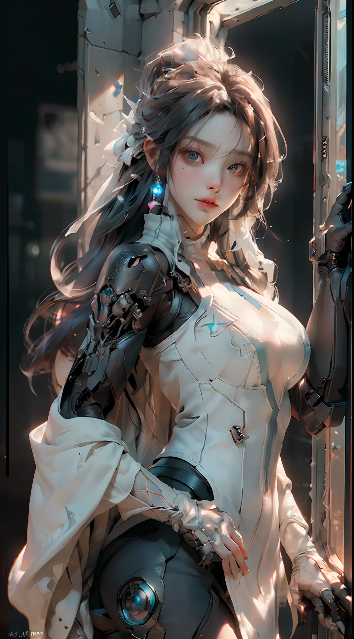 (Best Quality), ((Masterpiece), (Detail: 1.4), 3D, A Beautiful Cyberpunk Woman, HDR (High Dynamic Range), Ray Tracing, NVIDIA RTX, Super-Resolution, Unreal 5, Subsurface Scattering, PBR Textures, Post-Processing, Anisotropic Filtering, Depth of Field, Maximum Sharpness and Clarity, Multi-layer Textures, Albedo and Highlight Maps, Surface Shading, Accurate simulation of light-material interactions, perfect proportions, Octane Render, two-color light, large aperture, low ISO, white balance, rule of thirds, 8K RAW, medium breast, frosted glass mech