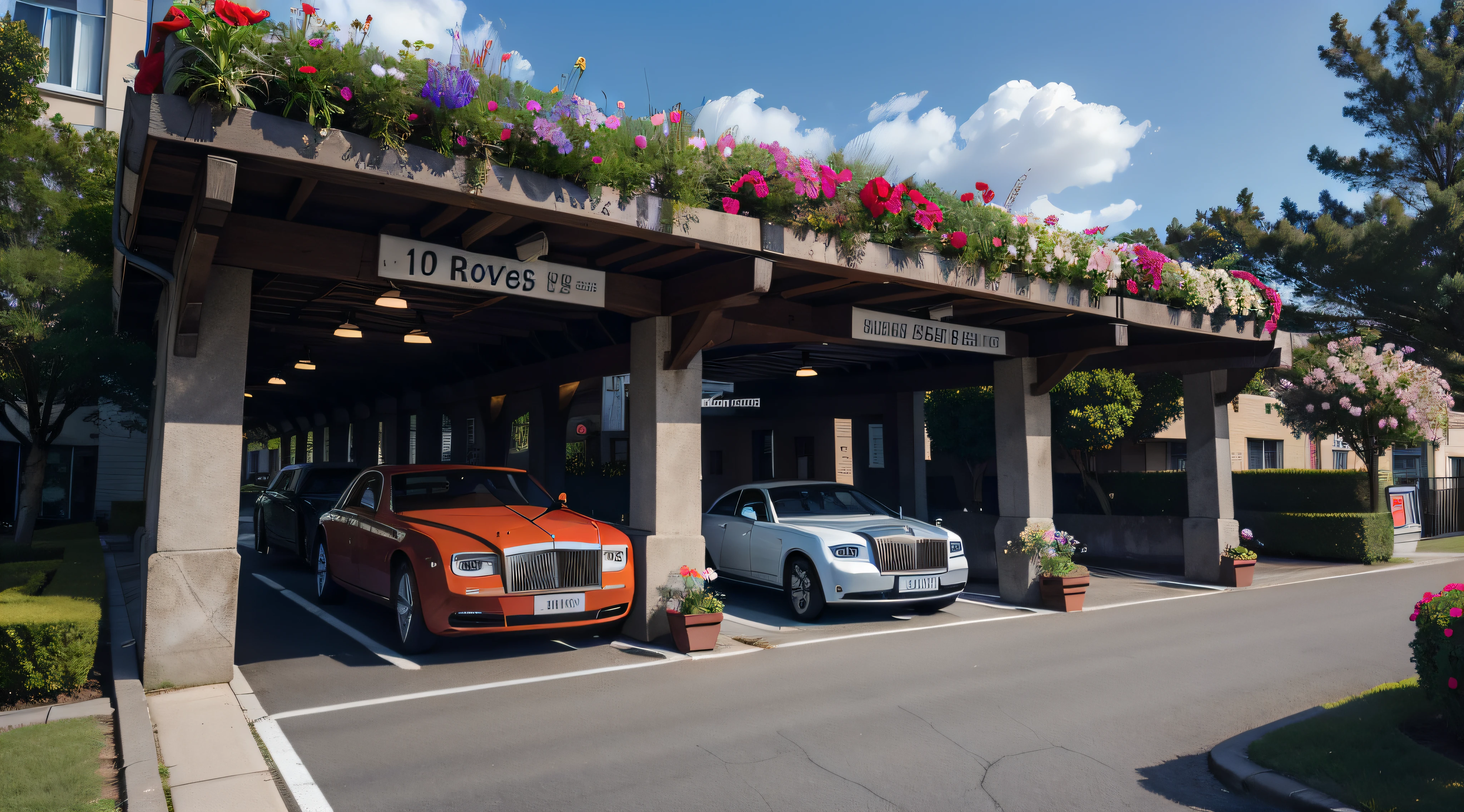 Masterpiece, the best quality, official art, 10 Rolls-Royce bus stations in a row, cars covered with flowers, blooming on wide roads
