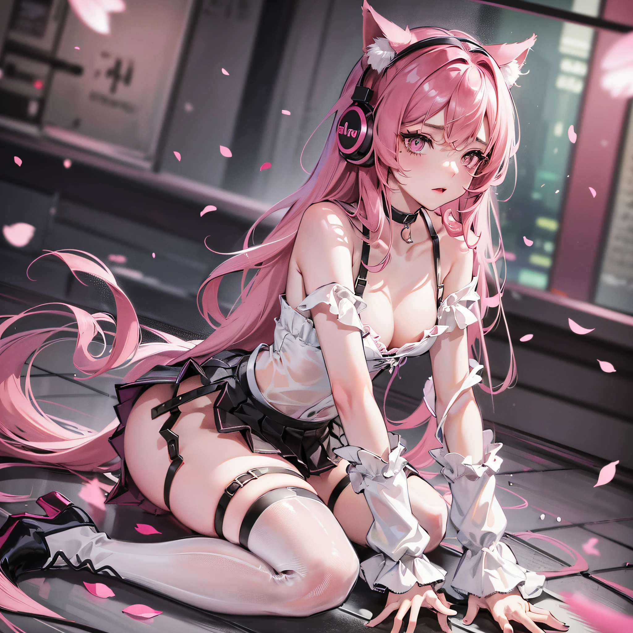 bare shoulders, collarbone, pleated skirt, bottomless, g-string, kneeling, pink hair, long hair, headphones, female solo, cat ears, breast grab, medium breasts, choker, boots, pink thighhighs, bokeh, uncensored, cover, head out of frame, pink theme, petals, --auto --s2