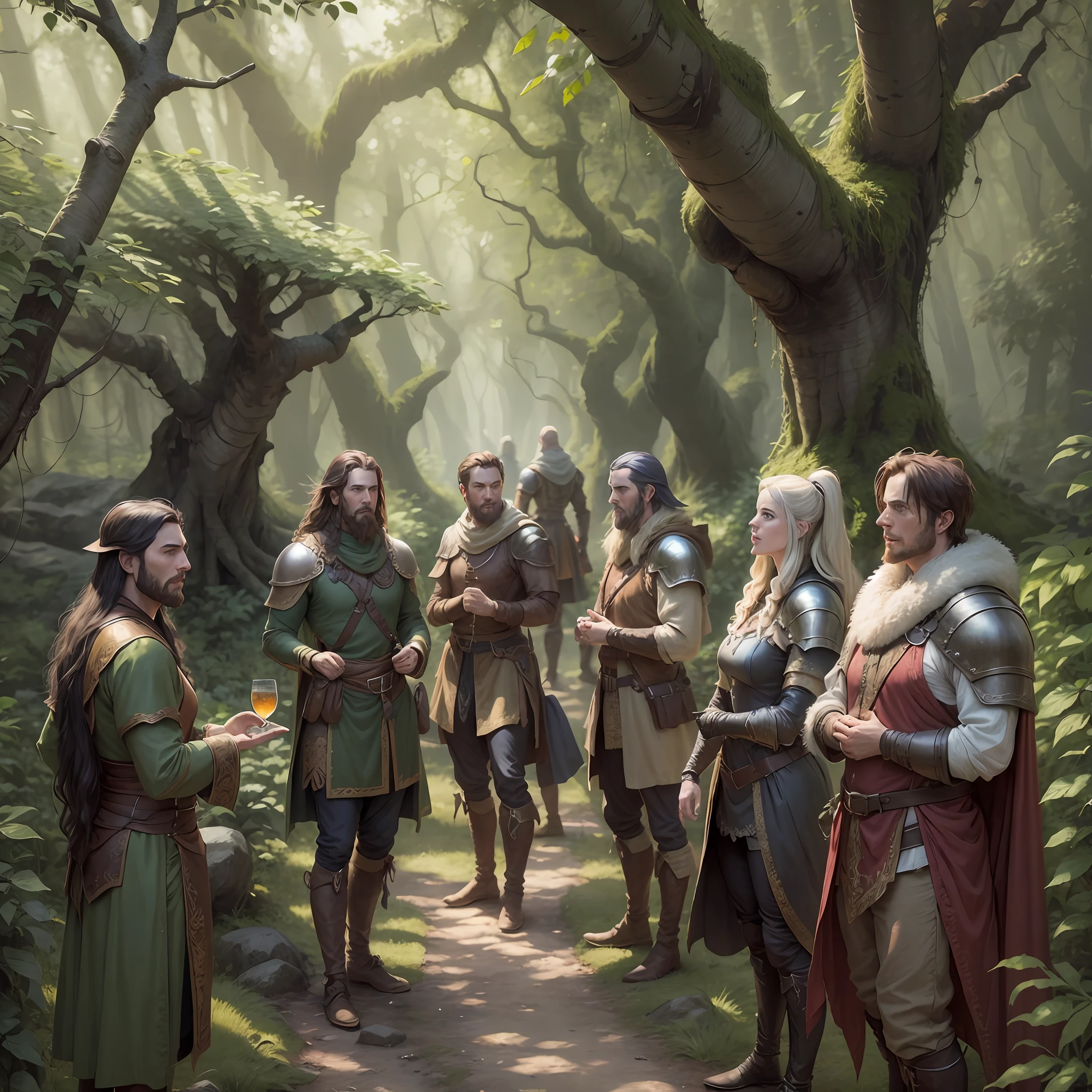 A group of dungeons and dragons adventurers in a forest, mature, heavy armor, robe, blue, yellow, red