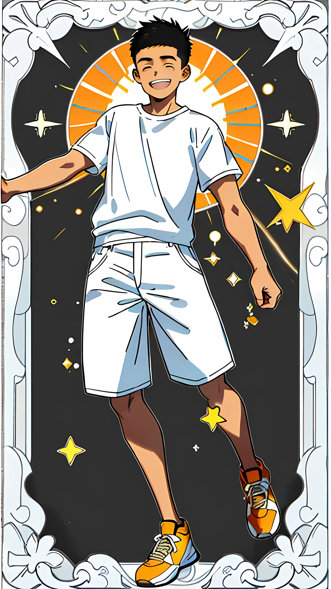 masterpiece, best quality, full body, card, 1 guy, the sun, happy, laugh, short hair, black hair,  brush cut, white shirt, standing, white, light,  yellow, orange, black,  buzz cut, bara, street style, white t-shirt, sport, center, young guy, looking at viewer, holding nothing, sunshine, teenager boy