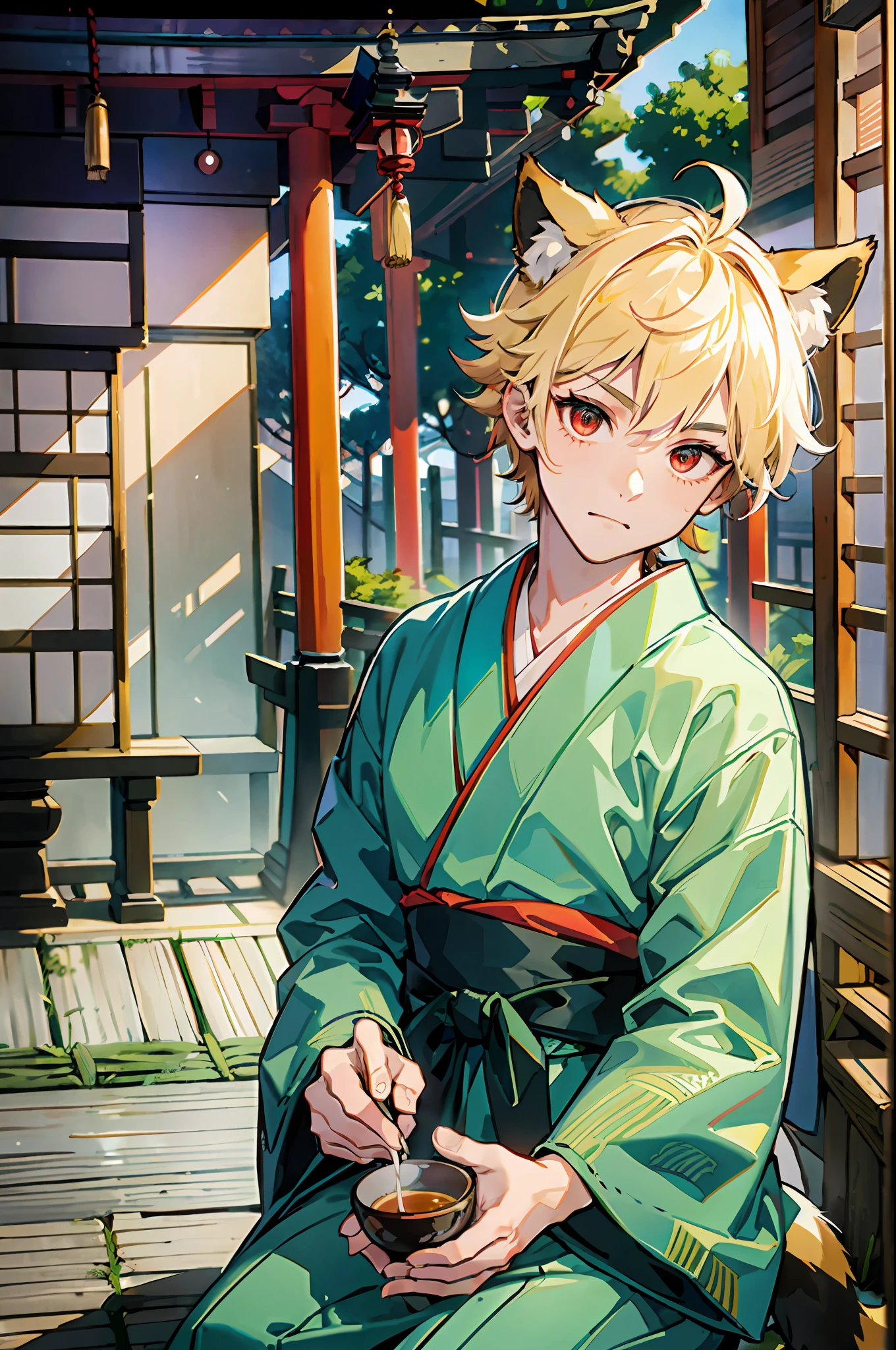 ((Representative work: 1.4, highest quality)), (2 boys: 1.2), (Blonde spiked hair and red eyes, fox ears and tail: 1.1), (Green short hair and big eyes, raccoon ears and tail: 1.2), (Japan Shinto priest, white and light blue hakama: 1.3), sit down and drink tea, the background is a temple in Kyoto.