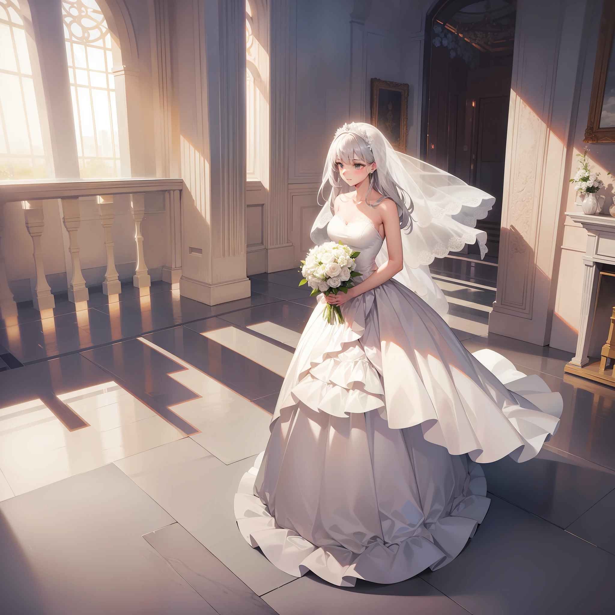 In the auditorium, a beautiful silver-haired woman wore a pure white wedding dress and white transparent stockings, holding a bouquet of white flowers in her hand, and the sun shone on her face