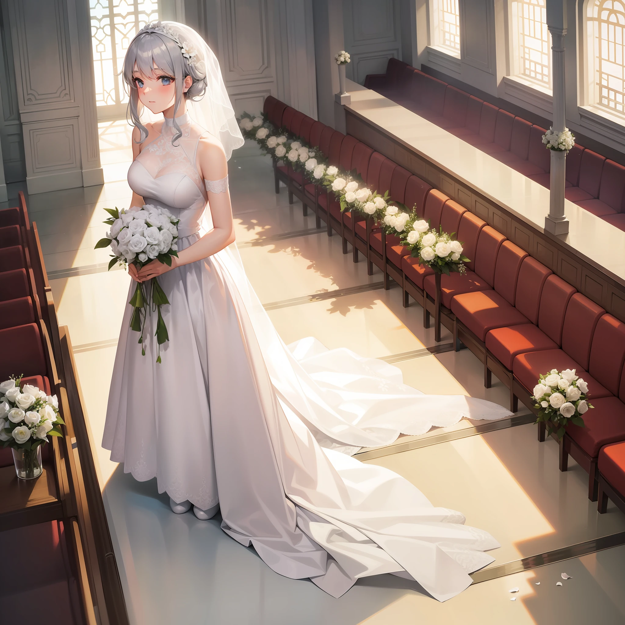 In the auditorium, a beautiful silver-haired woman wore a pure white wedding dress and white transparent stockings, holding a bouquet of white flowers in her hand, and the sun shone on her face