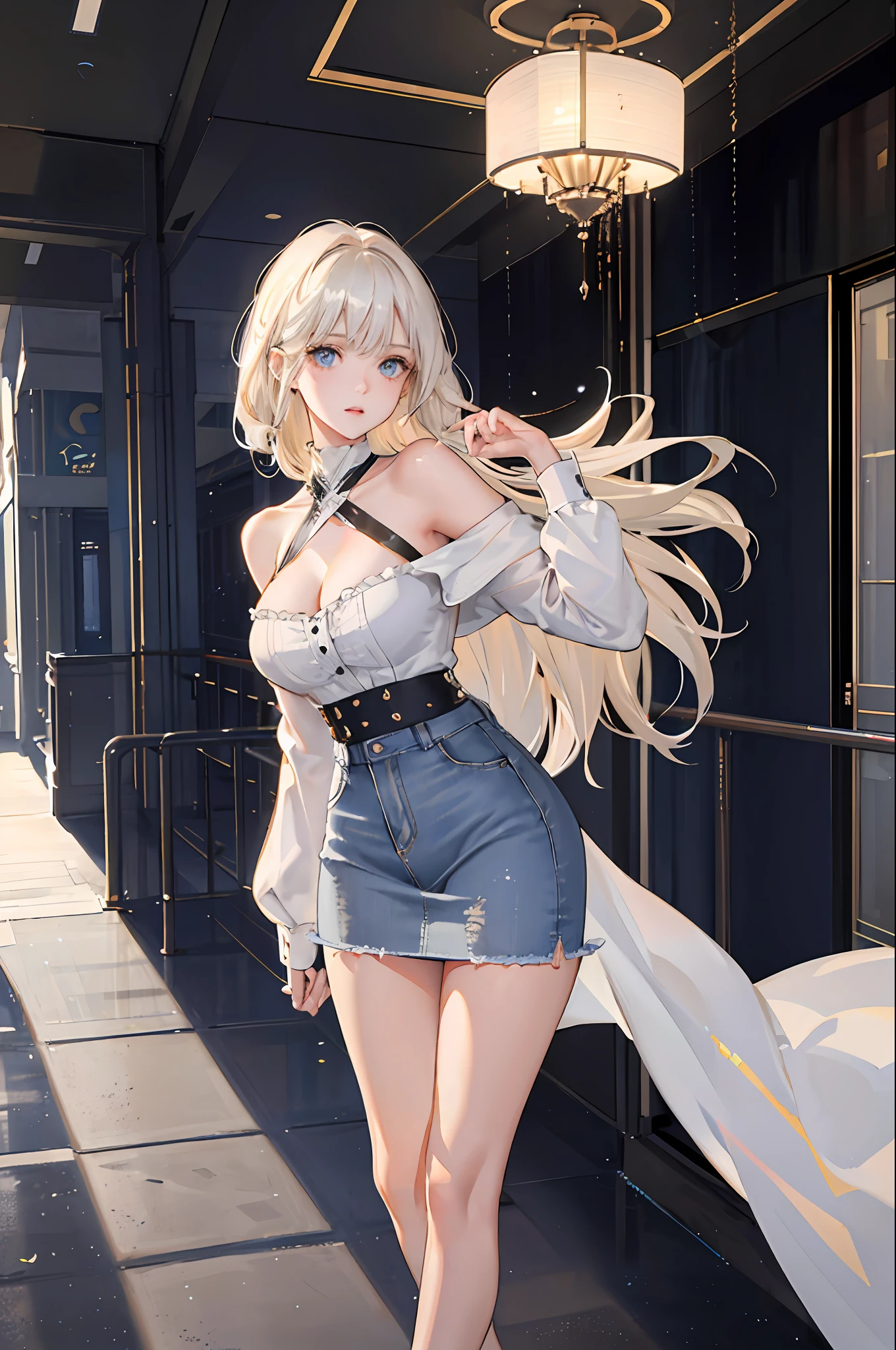 (((1 girl)),ray tracing,(dim lighting),[detailed background (mall)), ((long platinum blond hair)),((platinum blond hair)), ((long platinum blond hair, plump and slender girl)) long hair)), ((((Girl wears an off-shoulder white blouse, short jeans skirt, blue short jeans skirt, tight jeans skirt, tight and very short skirt)) showing shoulders and cleavage, slightly lifted up skirt))), showing a delicate and slender figure and graceful curves, correct limbs, innocent expression, Eye details, beautiful eyes, delicate eyes, blue eyes, large breasts, massive breasts, cleavage, bare shoulders