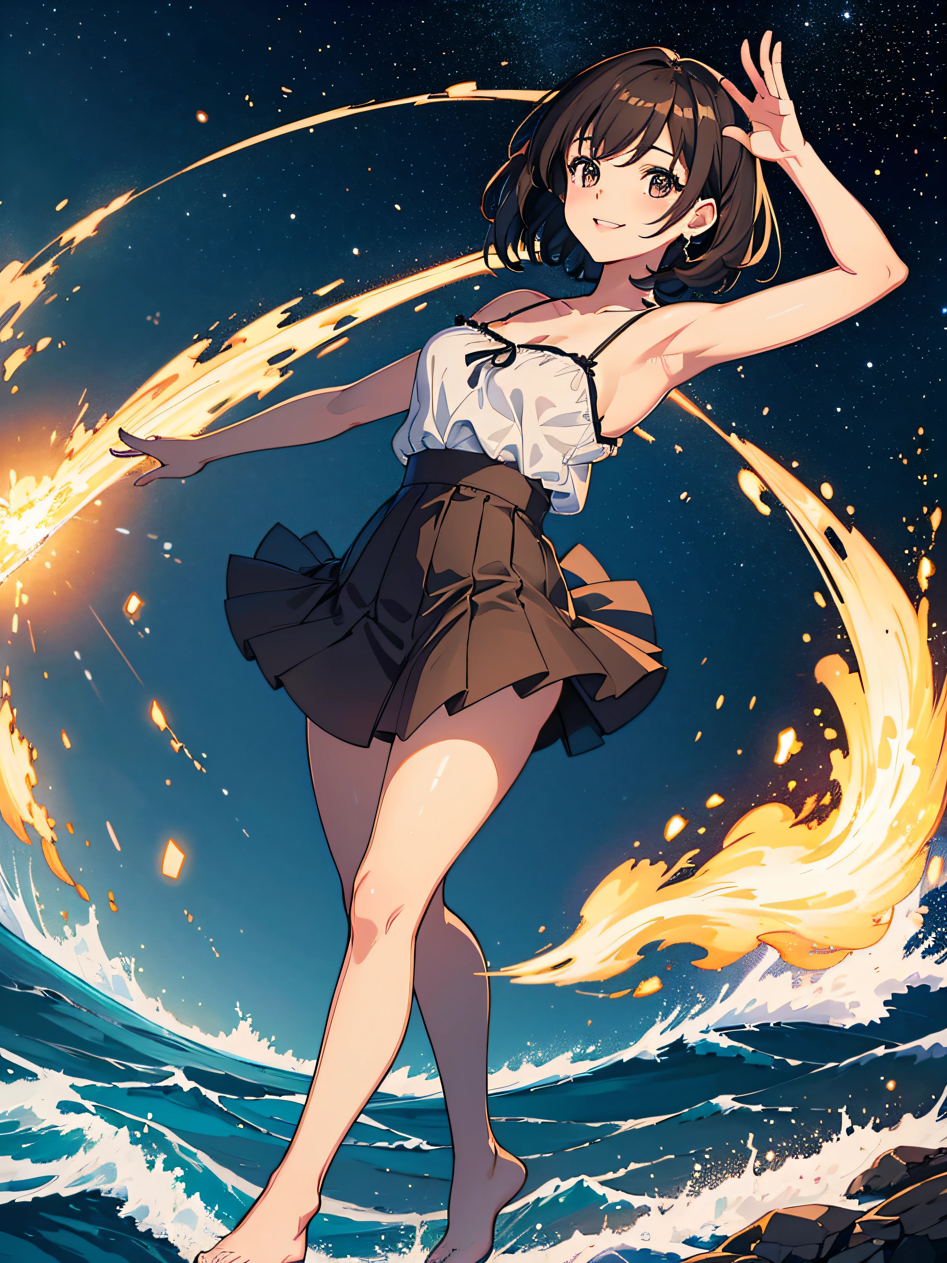(Best Quality, 8k, 32k, Masterpiece, UHD:1.2), Night, Sand, Starry Sky, Galactic Stars, Seaside, Starlight, Cute Japan Woman Pictures, One Girl, (Big), (Abs), (Lips), (Short Brown Hair), Double Eyelids, Kemomi, ((Camisole, Miniskirt)), Illustration, Very Detailed, CG, Unification, 8k Wallpaper, Fantastic, Fine Detail, Masterpiece, Best Quality, Movie lighting, 16 year old girl, (((dynamic pose))), smile, full body