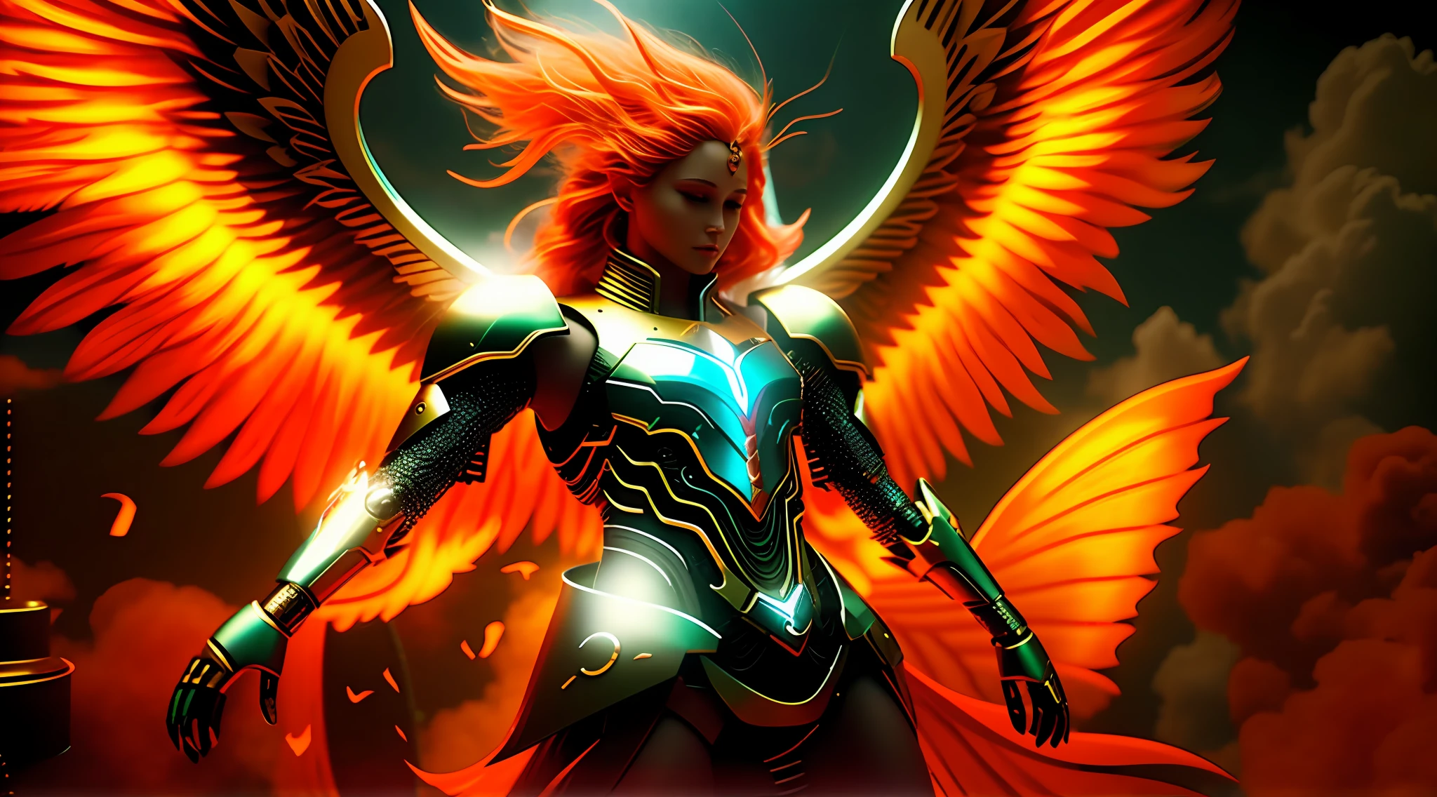 A mythical majestic grand robotic angel descending from a fiery heaven, detailed, Fujifilm, 32k, Imax, color graded, cinematic, moton blur, low contrast