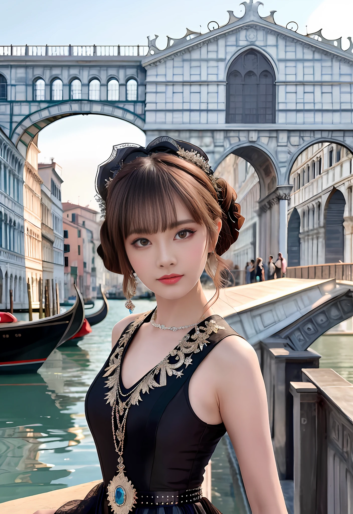 a hyper realistic ultra detailed photograph of a beautiful girl as a female 2020s dancer on the boat of 2020s Venice,(Bridge Of Sighs background),(princess eyes,shiny pupils), detailed symmetric beautiful hazel eyes, detailed gorgeous face, peaky blinders environemt, trending on cg society, bauhaus, bulgari, colourful atmosphere, official valentino editorial, moonlight, medium symmetry, neoprene, behance contest winner, portrait featured on unsplash, stylized digital art, smooth, ultra high definition, 8k, unreal engine 5, ultra sharp focus, award-winning photograph, Canon EOS 5D Mark IV DSLR, f/8, ISO 100, 1/250 second, TanvirTamim, trending on artstation, by artgerm, h. r. giger and beksinski, highly detailed, vibrant