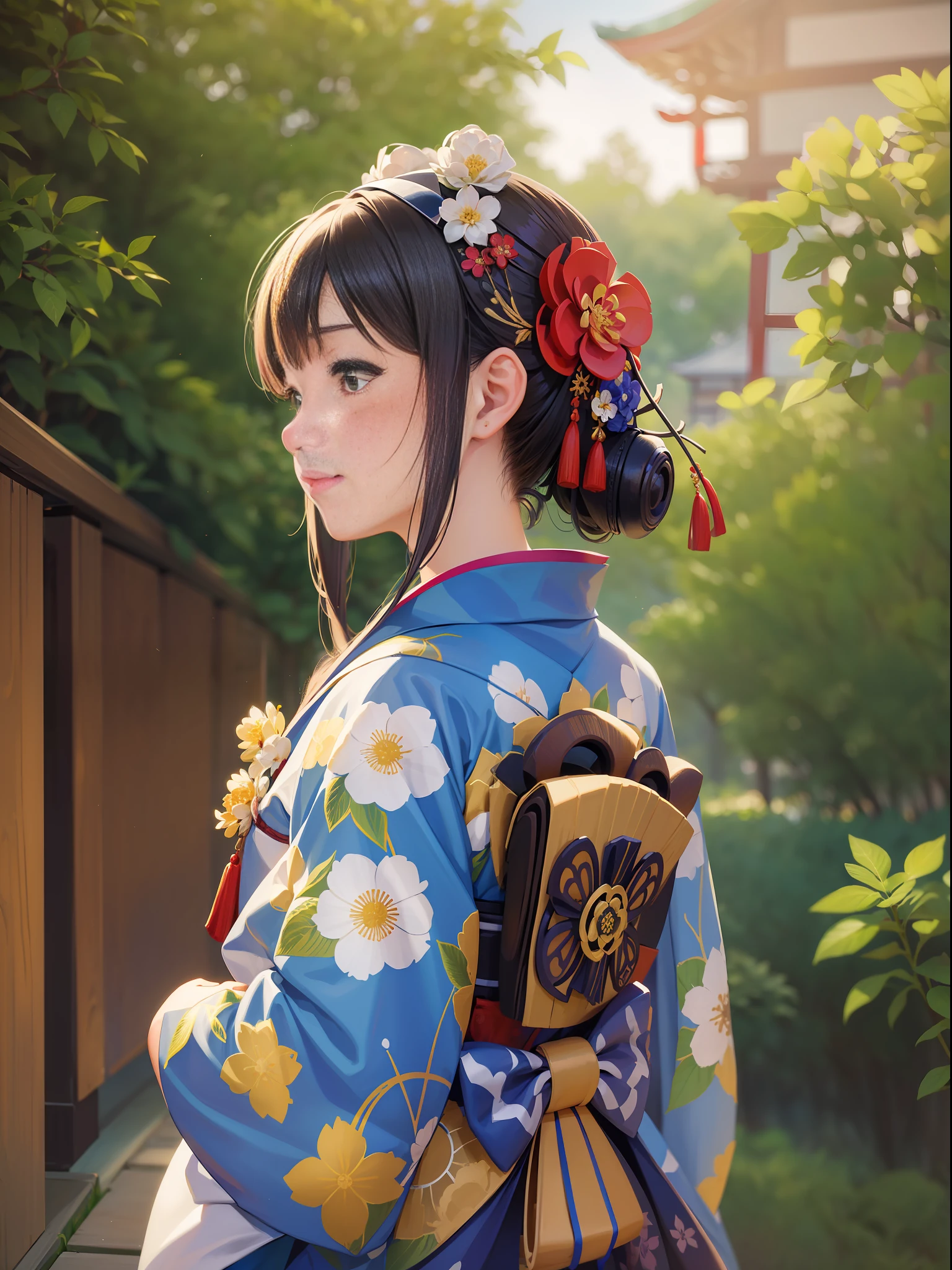 Top quality, intricate details, 1girl, subaru_kimono, kimono, yuzen, hair bow, hair flower, garden, outdoor, (East Asian architecture: 0.6), backlit, diffused lighting, smile