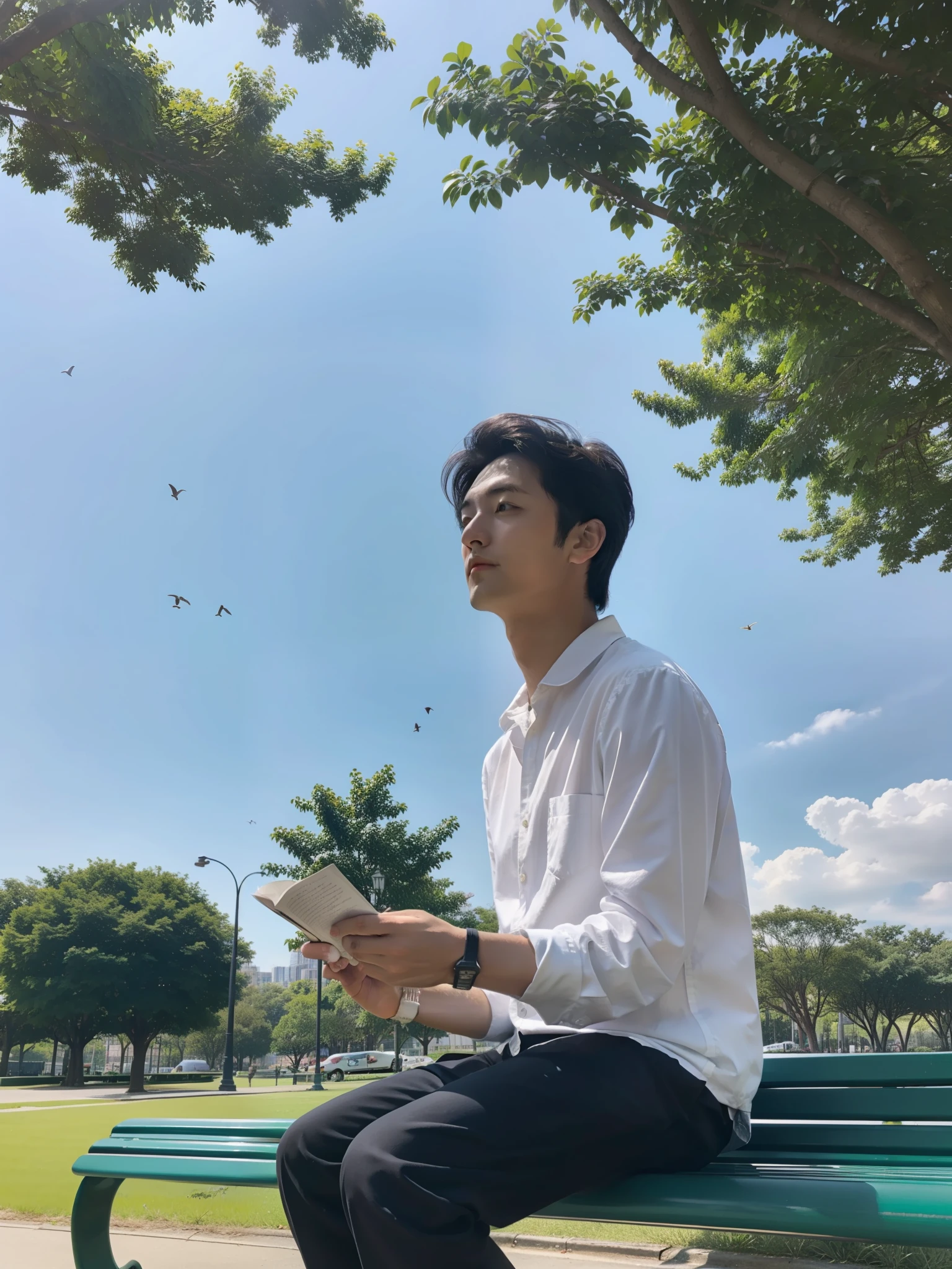 A man sitting on a park bench, reading a book, birds in the background in the sky, beautiful place, people in the background, real