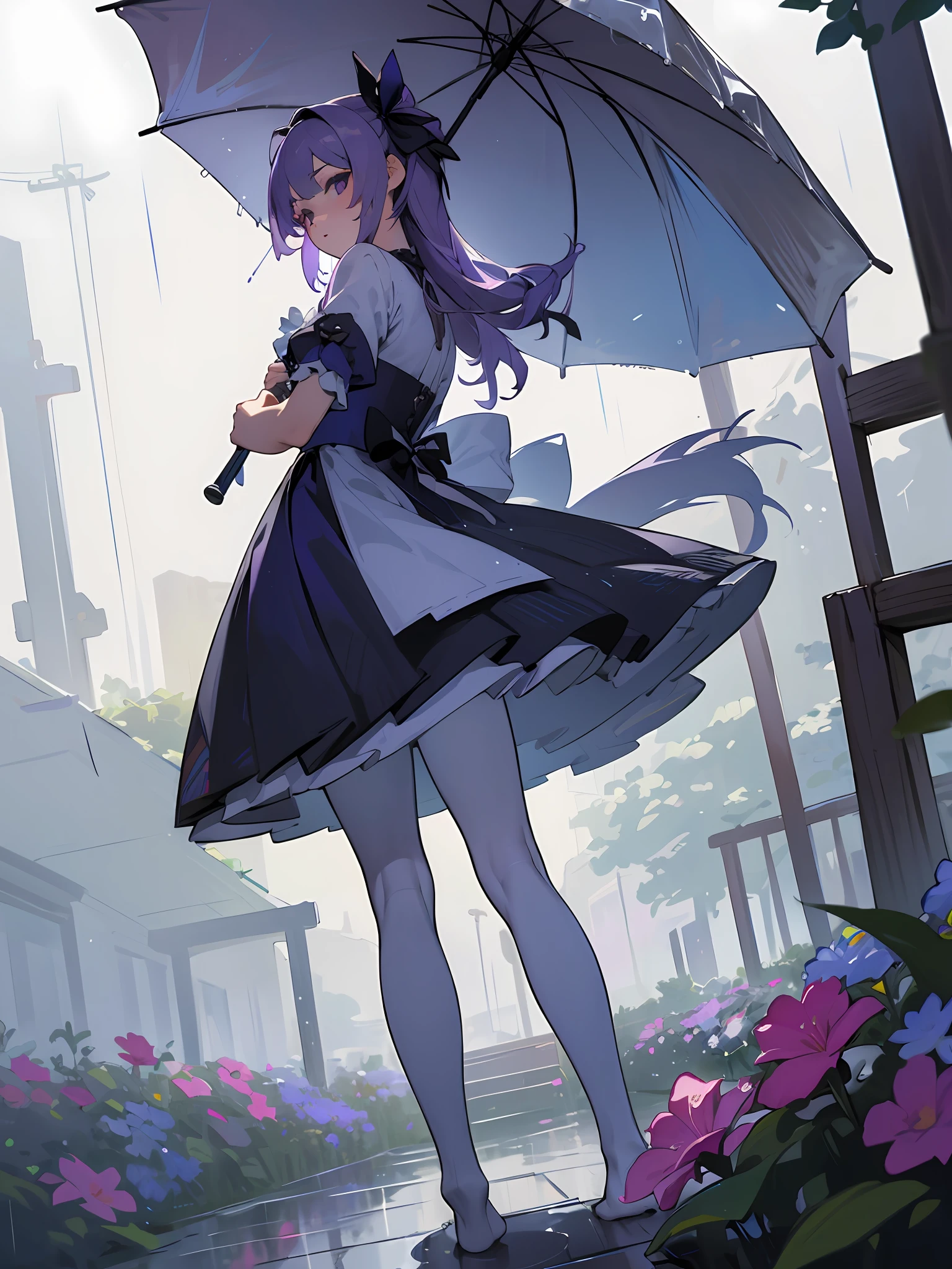 ((Best Quality, 8K, Masterpiece: 1.3)), {{Masterpiece}}, Illustration, Best Quality, Extremely Detailed CG Unity 8k wallpaper, 1girl_solo, full_body, from_below, looking_at_viewer, looking_down, (White pantyhose: 1.3), (Without shoes: 1.3), purple hair, double tail, exposed dress, hair_ribbon, Strong edge light, garden, flowers, rain, clothes splash, wet clothes