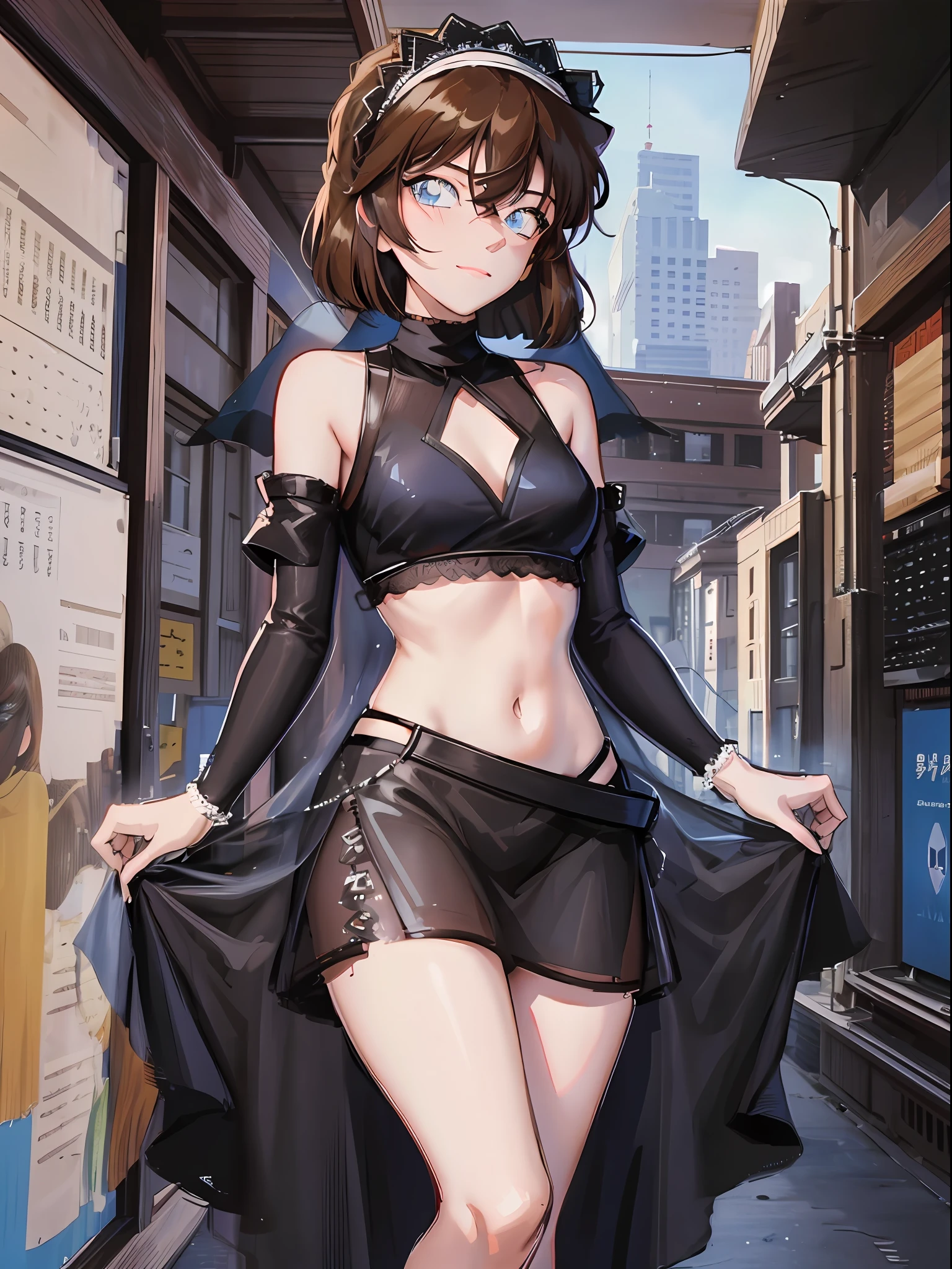Haibara Ai, Blue Eyes, Brown Hair, 1girl, Sexy Midriff, Slim Waist, Short Ruffled Skirt, Thighs, Arabian Women, Dancer, Avaya, Belly, (Black Veil: 1.5), Smile, Tucked Flared Lace see-through Blouse, Small, Constriction, Adult Woman, 25 Years Old, Shy Face, Flustered, Sweetdrop, cherry, a piece of more-or-less transparent material that covers the face