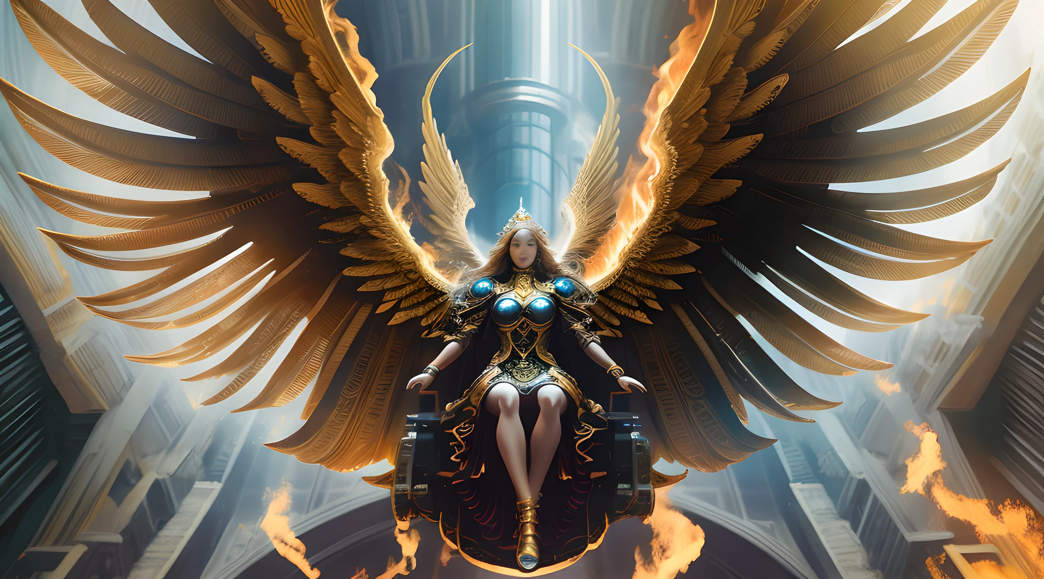 A mythical majestic grand robotic angel descending from a fiery heaven, detailed, Fujifilm, 32k, Imax, color graded, cinematic, moton blur, low contrast