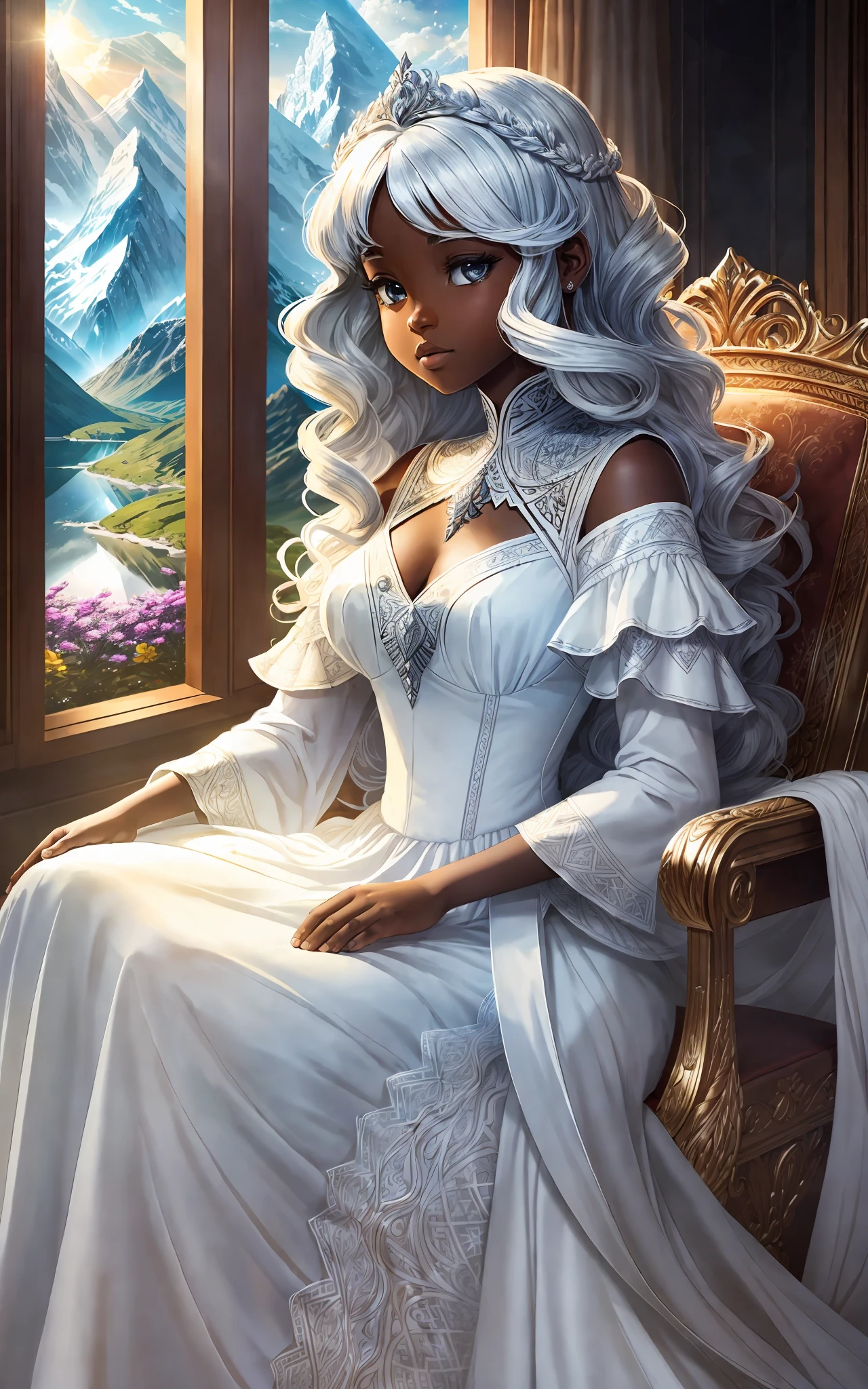 award winning 64k concept art of (black 1girl:1.2) in white majestic open dress sitting on the throne in the mountains, posing, epic, god rays, centered, (masterpiece:1.2), (best quality:1.2), Amazing, highly detailed, beautiful, finely detailed, warm soft color grading, Depth of field, extremely detailed 64k, fine art, stunning, iridescent, shiny, (light reflections:1.2), (crisp:1.5), white curls, wind, vibrant, sunlit, (edge detection:1.2), absurdres, by Katie Daisy, impressive
