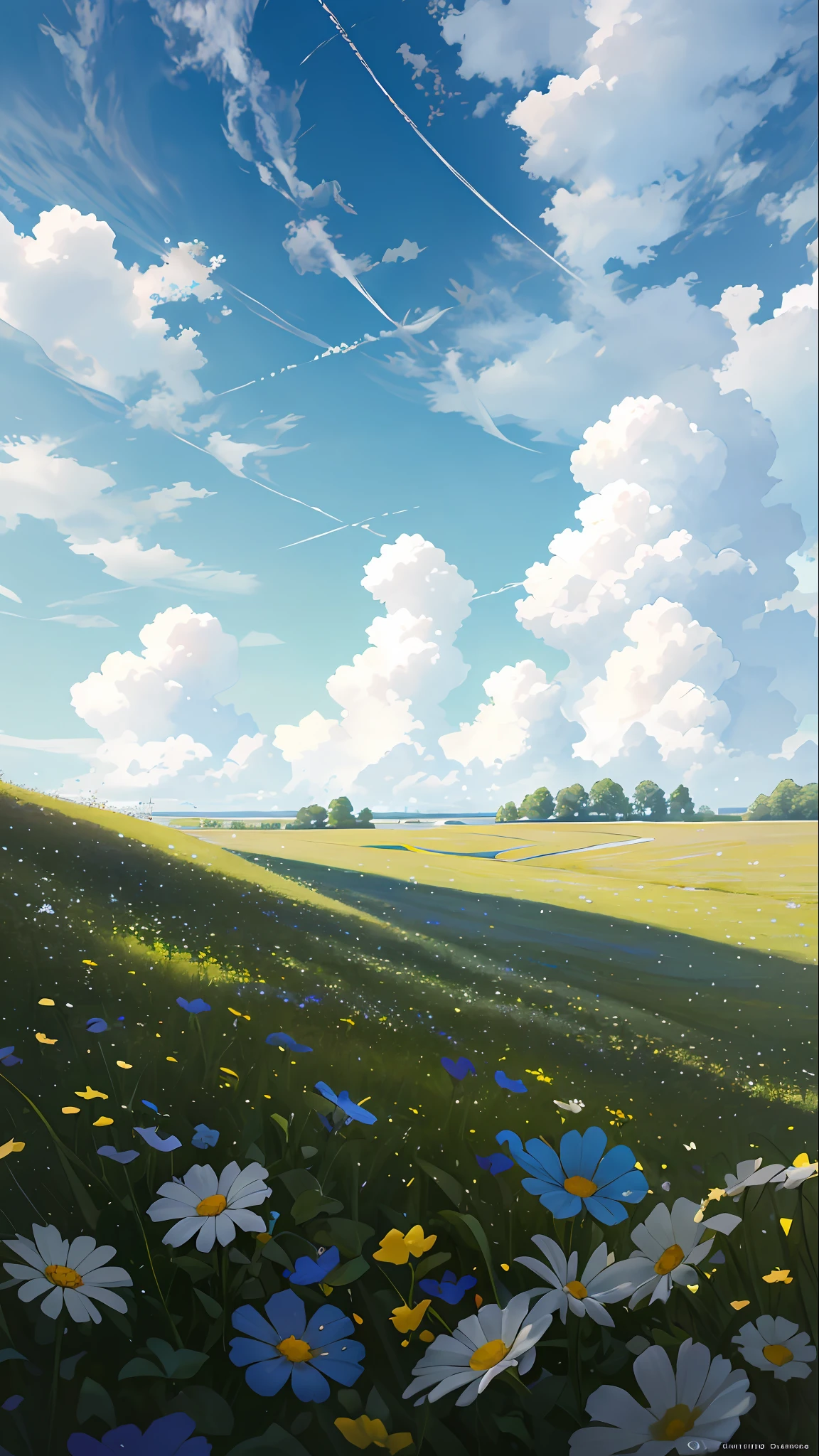 Summer, meadows, a few small flowers, heavenly views, large clouds, blue skies, hot weather, HD detail, wet watermarks, hyper-detail, cinematic, surrealism, soft light, deep field focus bokeh, ray tracing, and surrealism. --v6