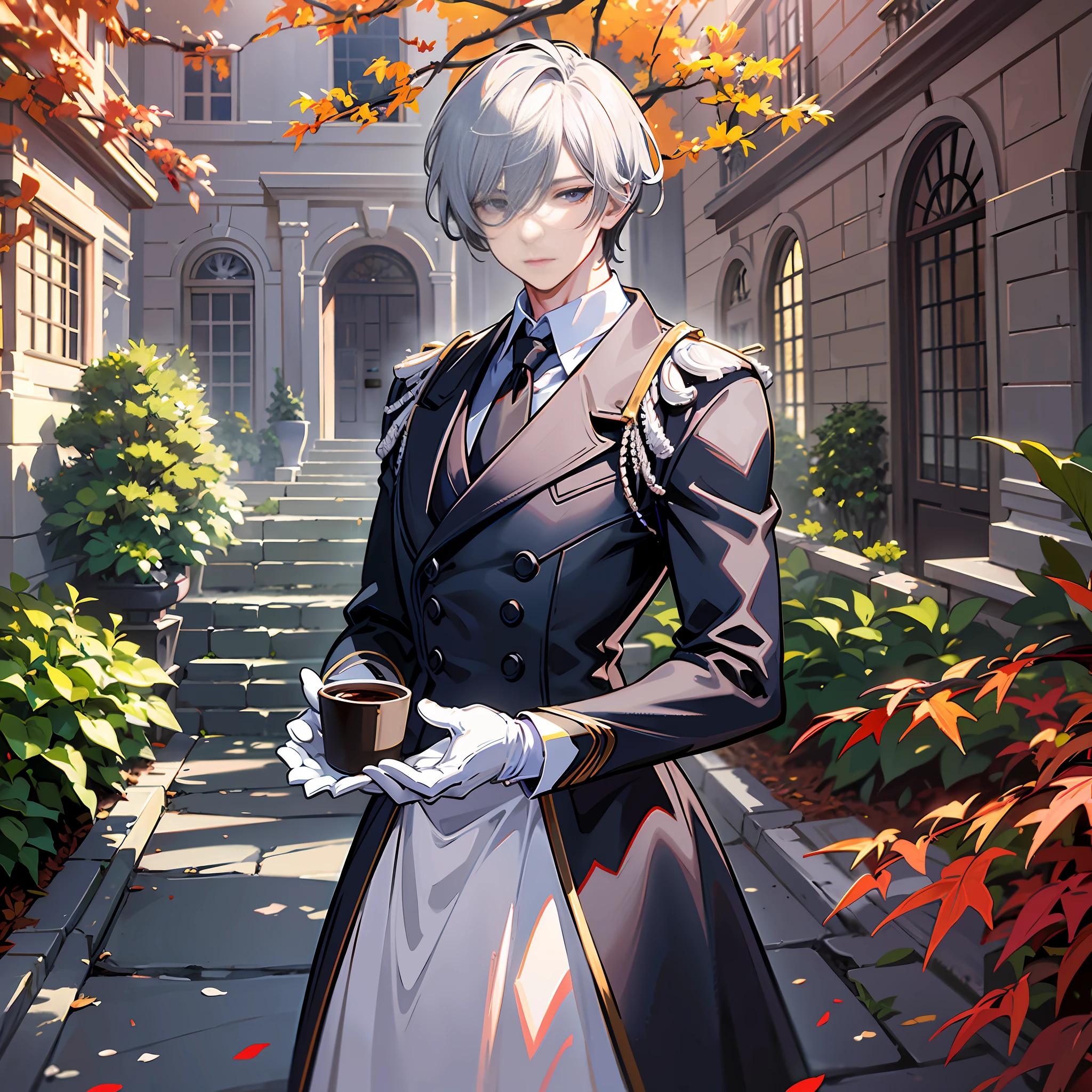 Male characters, gray hair, autumn, night, maple leaf, a person in a silent garden, wearing a black dress, white gloves, holding coffee, the picture is full of French style, 8K wallpaper of the best quality, using light and shadow rendering, wide-angle lens and high-resolution presentation, to create a masterpiece.