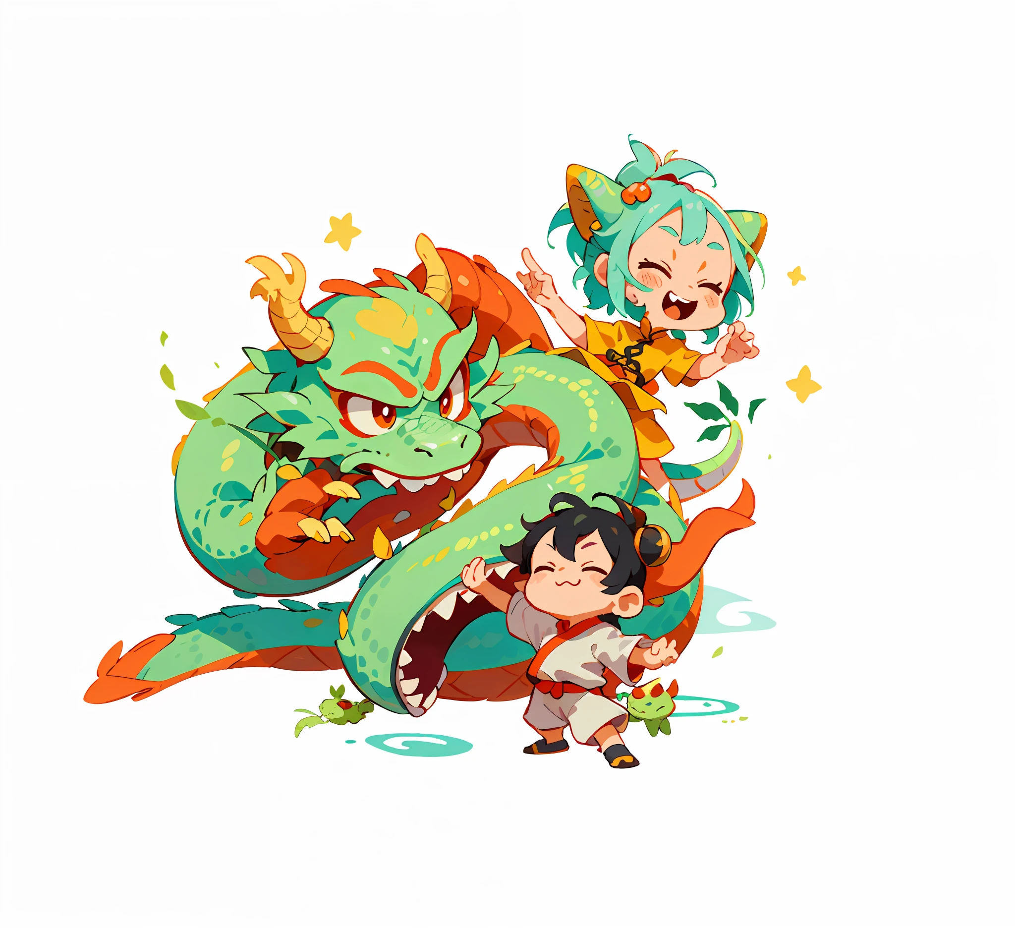 Single sticker, 1 sticker, three little dragons, cute little chinese dragon, chinese dragon, anthropomorphic, dragon lady, white background, no background, simple background, minimal, cute, tiny, pastel color, vector style, no gradient, multiple arrangement, unity, different movements, Studio Ghibli,