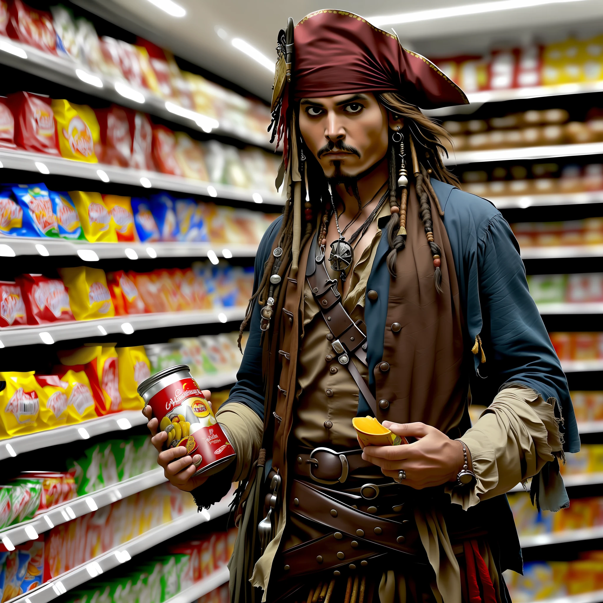 Captain Jack Sparrow, dressed in his pirate attire, stands in the middle of a bustling modern supermarket aisle. He holds a shopping basket in one hand and examines a jar of pickles with a curious expression. Shelves lined with various groceries surround him, and amused onlookers in contemporary clothing watch his perplexed yet determined attempts to navigate the supermarket.