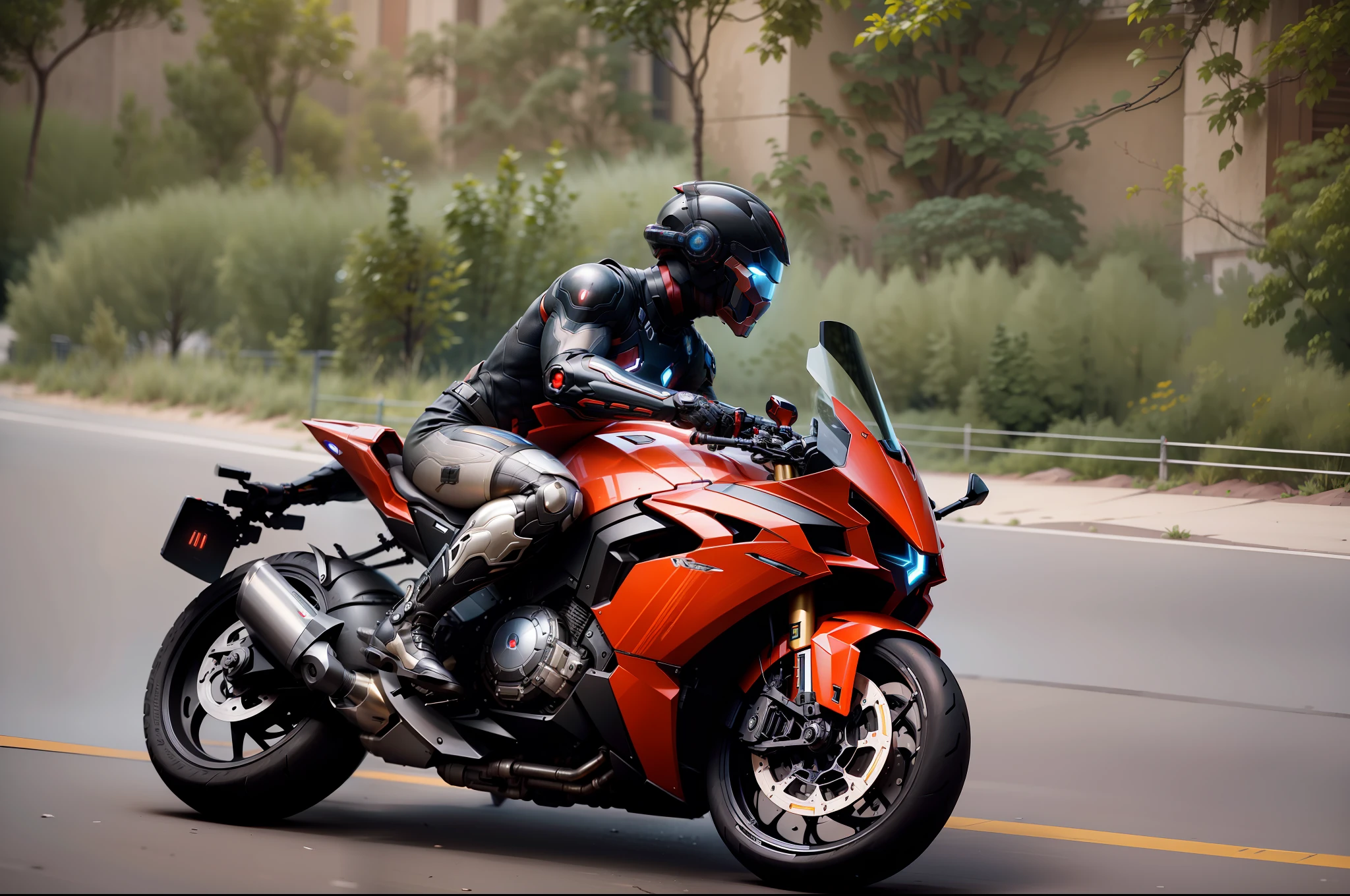 Cyber Iron Man and Cyber Mechanical Motorcycle, Exquisite Black Tech Helmet, Nousr, Biomechanics, MSHN Robot Man, Tech Helmet, Hyperreal, Steel, Intricate Design, Crazy Details, Fine Details, Extremely Clear Lines, Cinematic Lighting, Photo Realisticity, Detailed Masterpiece