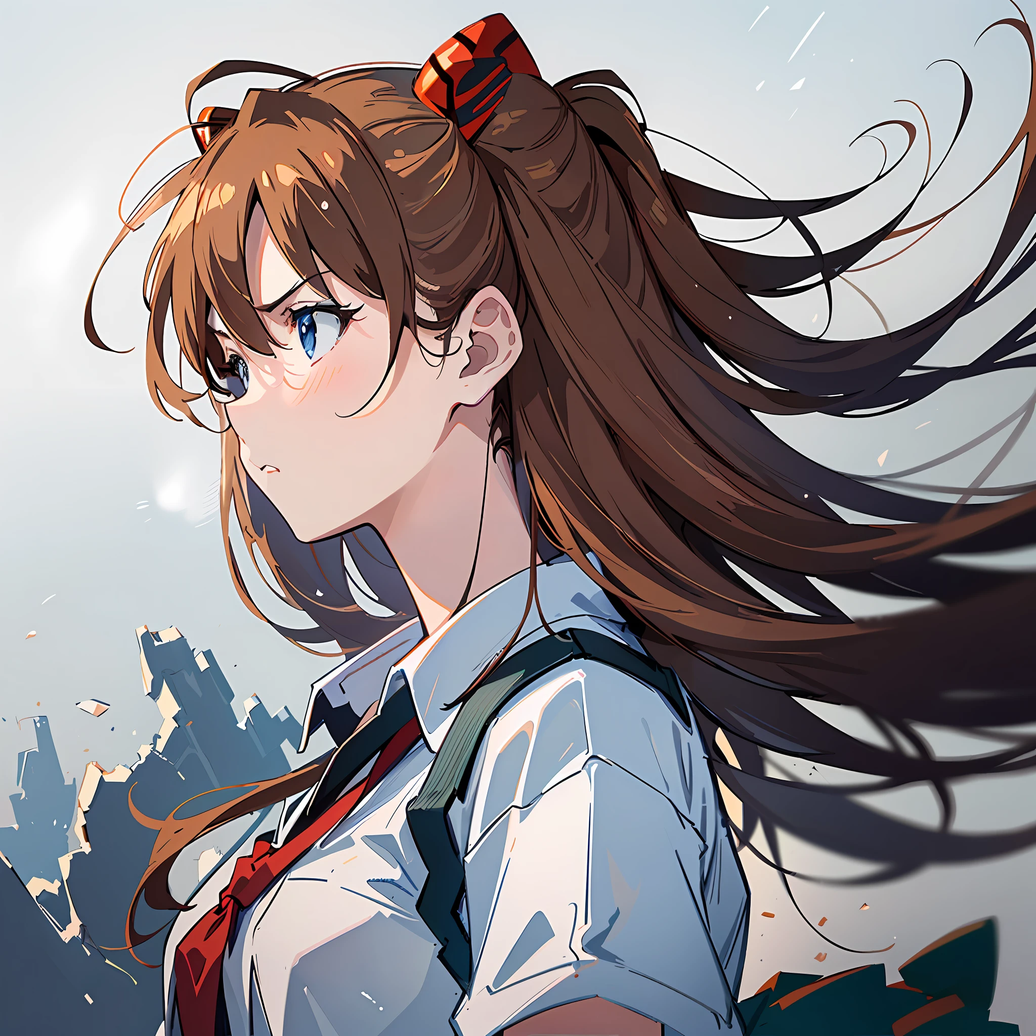 (Masterpiece, Best Quality), Asuka, 1 girl, hair fluttering in the wind, tsundere expression, angry, ruffling hair, wallpaper, white solid background, solid background, minimalist style, white shirt, simple, upper body close-up, figure in the middle, warm tone, minimalist, --v6