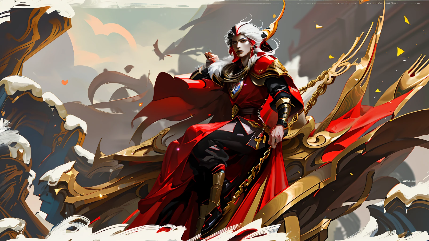 Rakan of league of legends in a city full of noxian warriors, next to xayah waiting for the fight to happen, red cape, riot painting style, runeterra art, ultra realistic, hd 4k, dynamic pose, cloth jacket with sample abdomen,