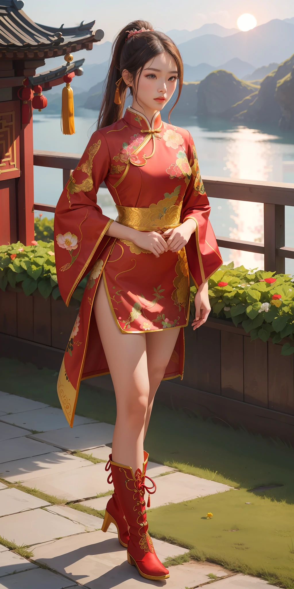 masterpiece,best best quality,sunset light,handsome (1girl) ,ponytail,chinese style archer,(Begonia flower),((beautyfull intricacy clothing)), ((decorative pattern details)),short sleeves,boots,handsome,serious, outdoors, wild,standing, long hair,looking at viewer,short hair, full body, mid shot