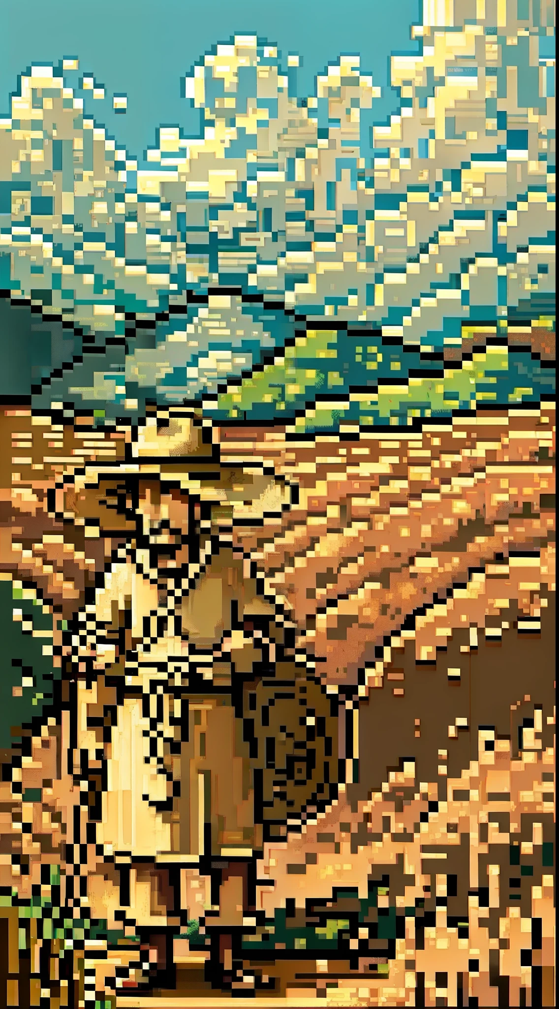 A peasant uncle with a straw hat stands in a wheat field, big clouds, blue sky, rice field, neat rice seedlings in the field, forest, hillside, secluded, countryside, HD detail, hyperdetail, cinematic, surrealism, soft light, deep field focus bokeh, ray tracing and surrealism. --v6