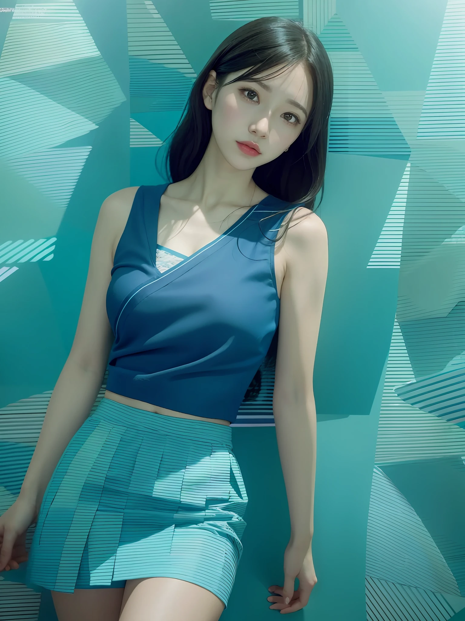 there is a woman in a blue top and skirt posing for a picture, sana takeda, anime style mixed with fujifilm, kiko mizuhara, official artwork, inspired by Miwa Komatsu, anaglyph effect ayami kojima, shikamimi, sun yunjoo, chiho, hq artwork, inspired by Chiho Aoshima