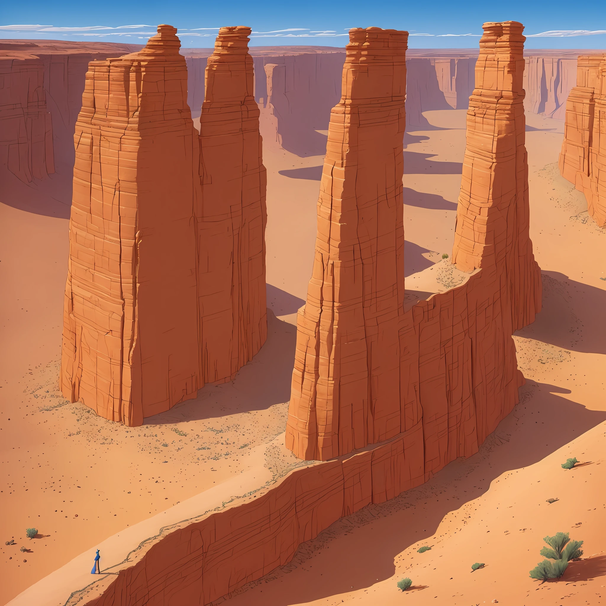 cliffs in the desert with strong sun and blue sky, flying fairies, Jean Giraud Moebius style --auto --s2