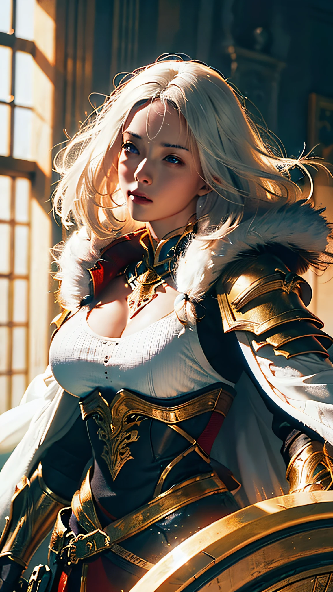 Official Art, Unity 8k wallpaper, ultra detail, masterpiece, best quality, one woman, (very detailed),ultra detailed complex 3d rendering of face, (big breasts: 8.8), (highly detailed skin: 1.2), (exposure: 1.1), beautiful white woman with full soft breasts and white skin with big ass, dynamic angle, mystical expression, fire glow effect, fantasy background, rim lighting, side light, Cinematic Light, Ultra High Definition, 8k UHD, Film Grain,Best Shadow, Delicate, RAW, Light Particles, Detailed Skin Texture, Detailed Gemstone Armor Texture, Detailed Face, Intricate Detail, Ultra Detailed, Bright, Strong, Gold Armor, Cleavage, Has a Luminous Weapon, Has a Shield, Pauldron, (White Hair)), Glowing Black Eyes, Long Red Cloak, Fantasy, (Realistic),