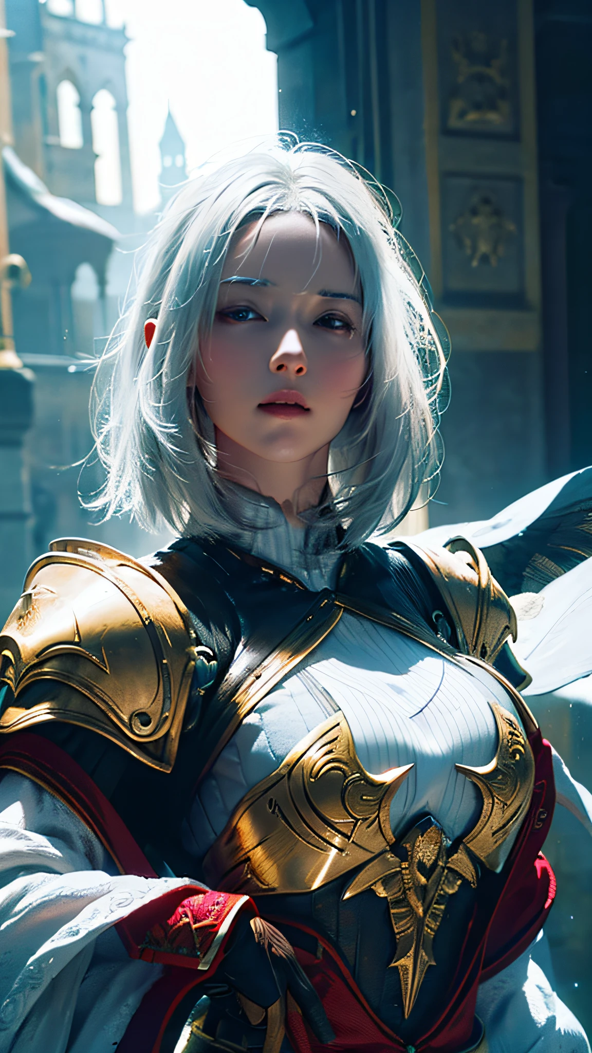 Official Art, Unity 8k wallpaper, ultra detail, masterpiece, best quality, one woman, (very detailed),ultra detailed complex 3d rendering of face, (big breasts: 8.8), (highly detailed skin: 1.2), (exposure: 1.1), beautiful white woman with full soft breasts and white skin with big ass, dynamic angle, mystical expression, fire glow effect, fantasy background, rim lighting, side light, Cinematic Light, Ultra High Definition, 8k UHD, Film Grain,Best Shadow, Delicate, RAW, Light Particles, Detailed Skin Texture, Detailed Gemstone Armor Texture, Detailed Face, Intricate Detail, Ultra Detailed, Bright, Strong, Gold Armor, Cleavage, Has a Luminous Weapon, Has a Shield, Pauldron, (White Hair)), Glowing Black Eyes, Long Red Cloak, Fantasy, (Realistic),