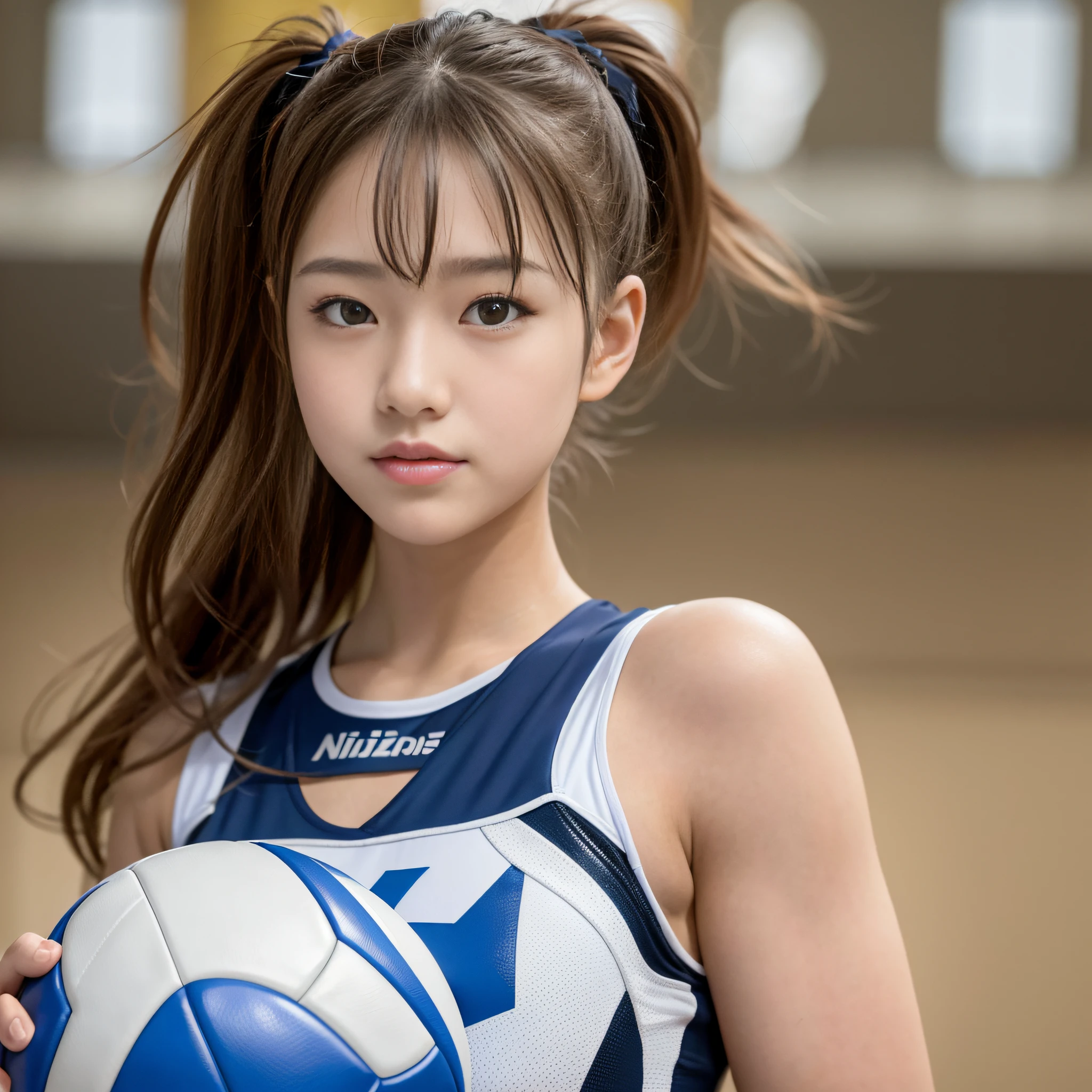 Masterpiece, 16K, there is a schoolgirl wearing a volleyball uniform, shot with Nikon Z9, cute schoolgirl model for club activities, shooting volleyball practice, perfect anatomy, top quality, gymnasium, ultra-realistic, realistic scale ratio,