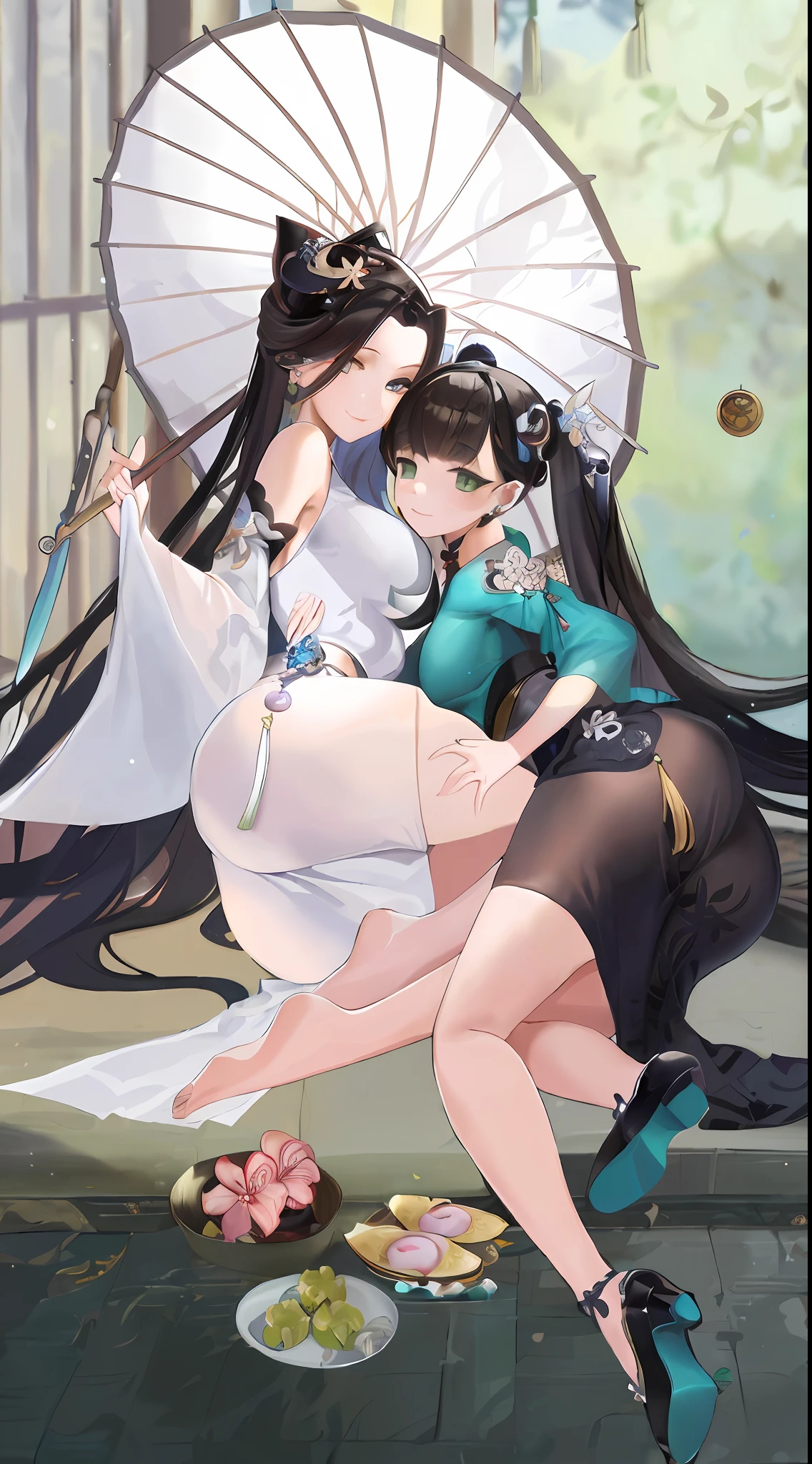 (Two Women in Oriental Costume + Umbrella: 1.2), (Guvez + Pixiv: 0.9 + Arstation: 0.9 + Sakimichan: 0.5), (Guvez Style Artwork + Onmyoji Detailed Art: 1.2 + Kavasi: 0.8), (Green Eyes, Full Body Immortal: 1.1)