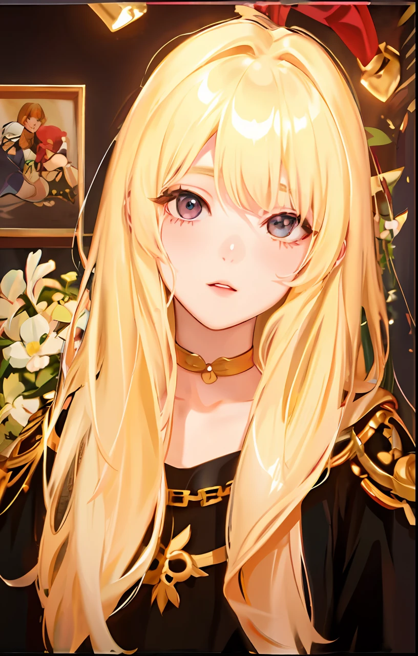 anime girl with long blonde hair and a red bow, portrait knights of zodiac girl, blonde anime girl with long hair, blonde - haired princess, ((a beautiful fantasy empress)), detailed portrait of anime girl, detailed digital anime art, made with anime painter studio, inspired by Li Chevalier, painted in anime painter studio, shadowverse style, beautiful anime portrait