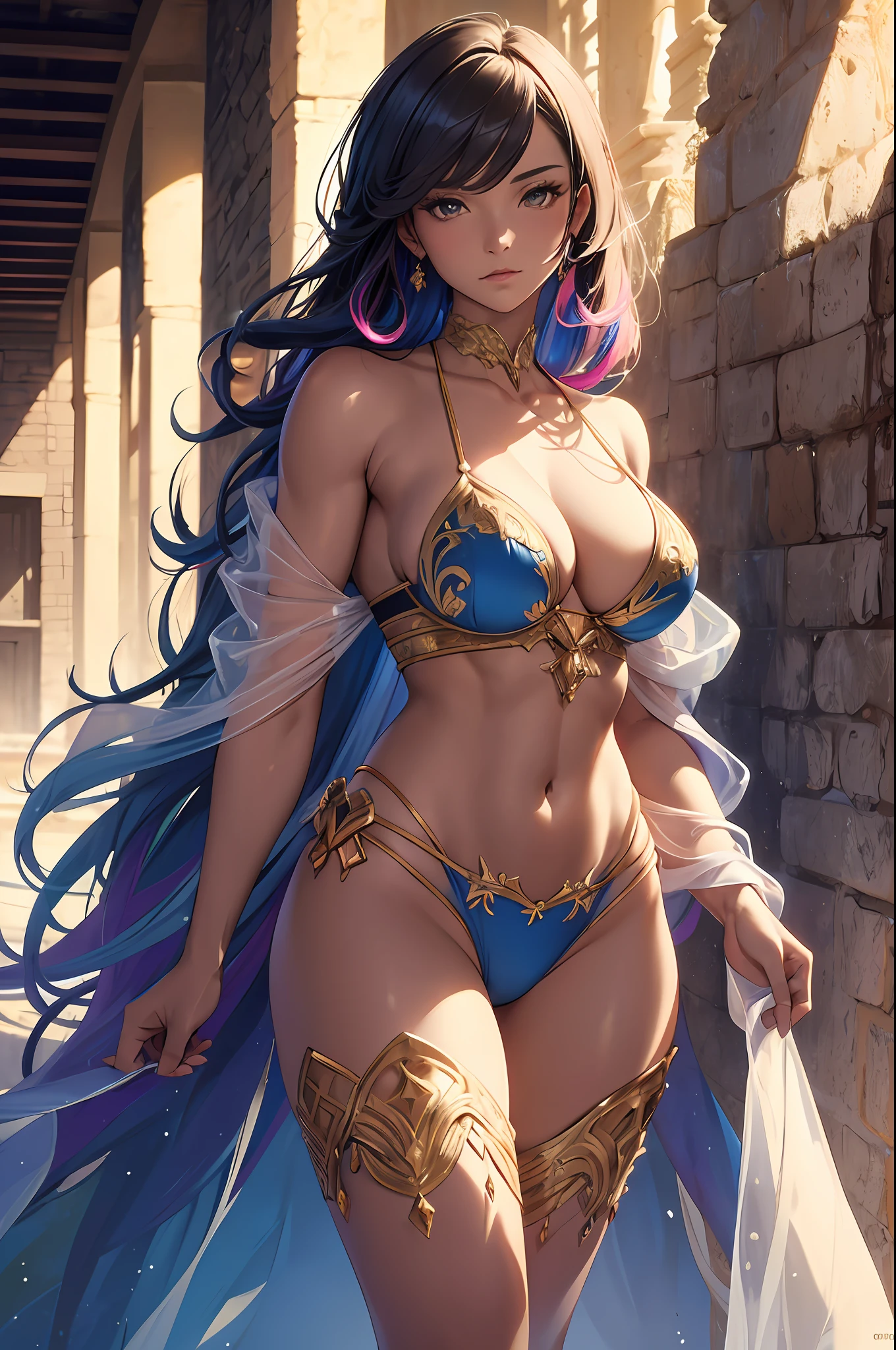 best quality, masterpiece, (exquisite portrait) of a (stunning woman) in (fancy bikini), translucent robes, ribbons, (ultra-detailed), (best quality), (vibrant color scheme), (cool natural illumination), (crisp shadow), medium breasts, muscular biceps, cleavage, cool edgy, standing near wall