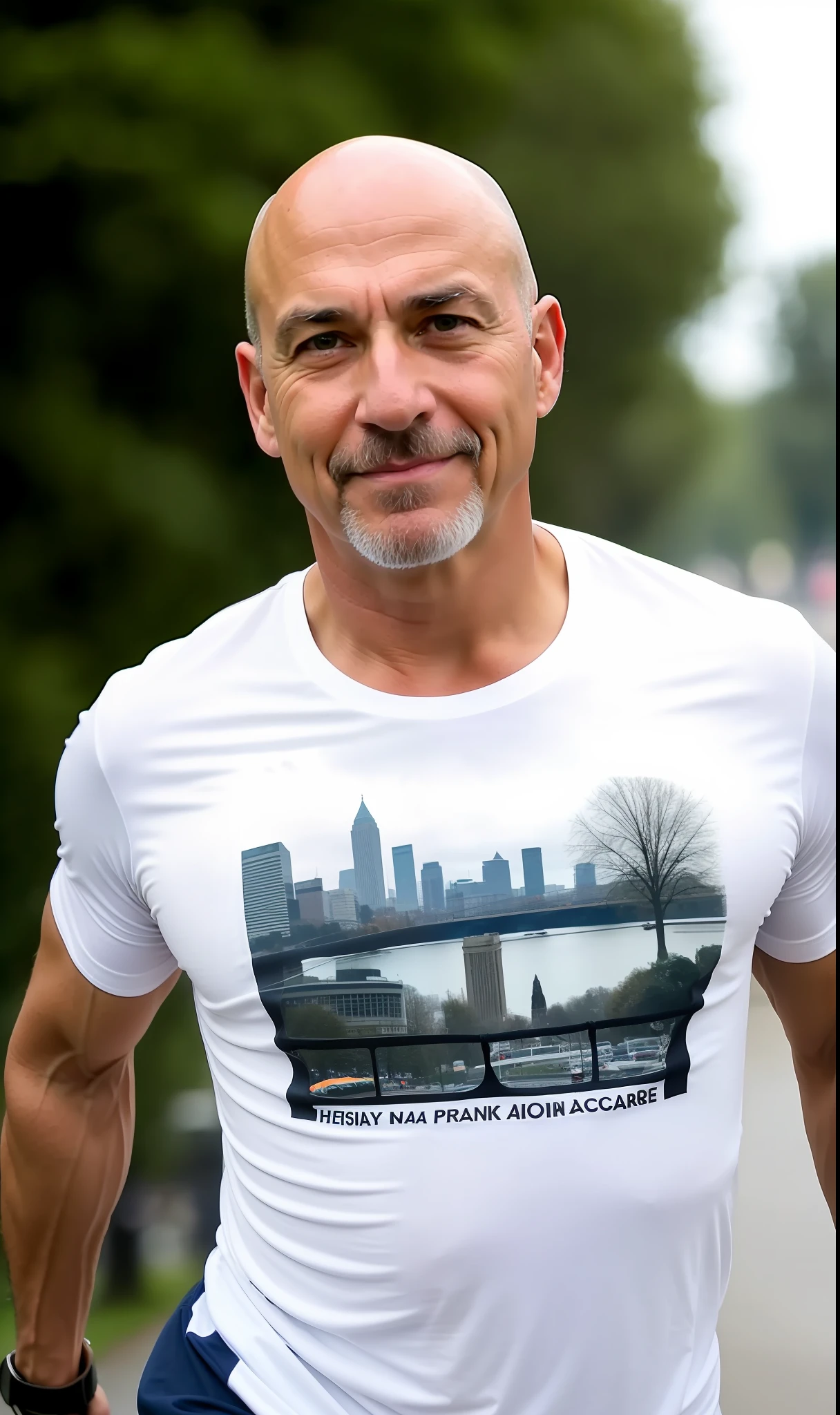 a 50 year old man, muscular T-shirt, clothes d for practice of street marathons, bald, face, half body, body, highly detailed skin, skin pores, no glasses, city park, cloudy weather, trees, birds, people in the background, 8k uhd, Dslr, soft lighting, high quality, film grain, Fujifilm XT3