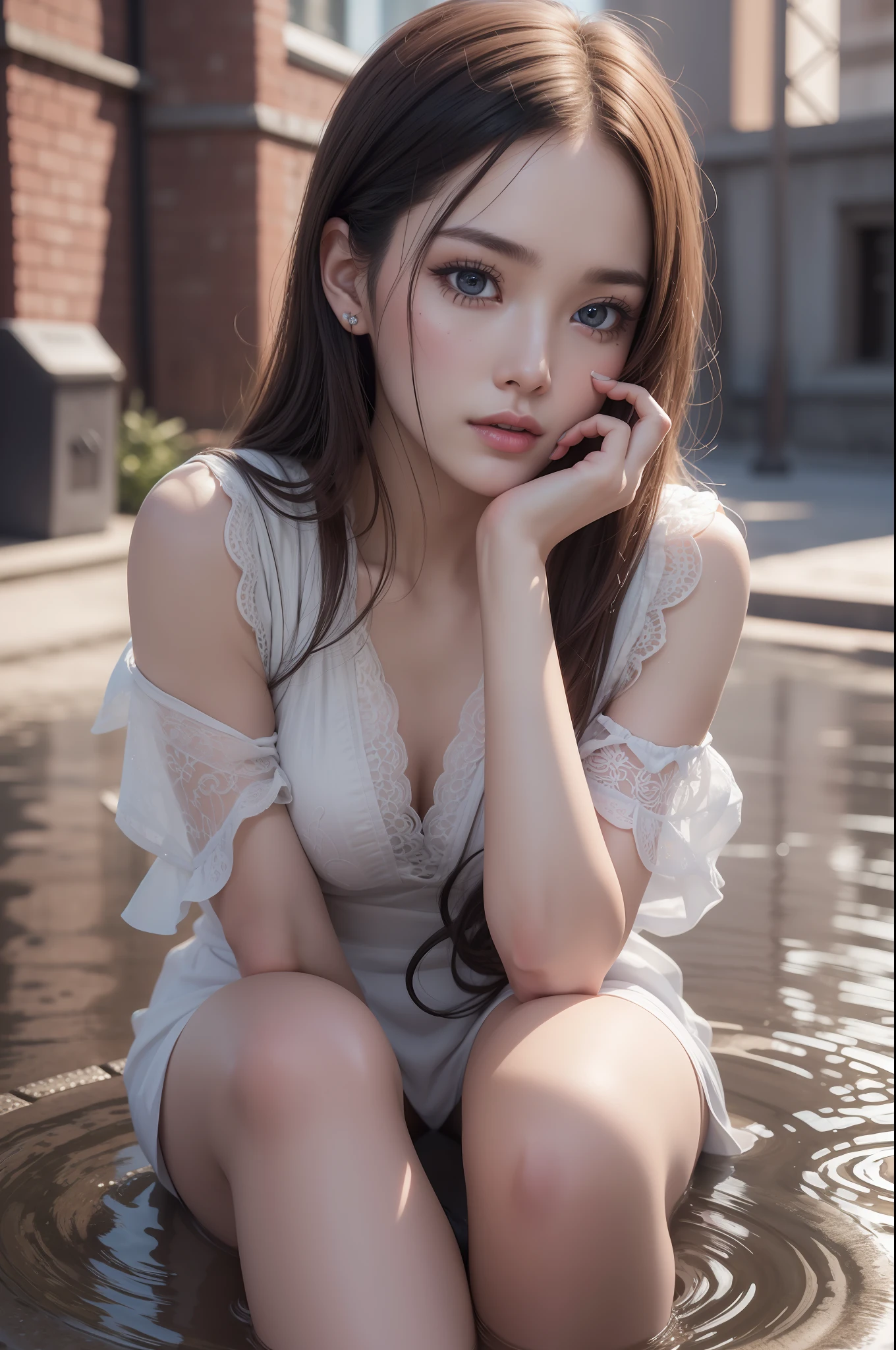 20 year old surreal idol, sitting on a tiny puddle, inner thigh, knee bent, crotch soaking wet, RAW,(8k, best quality, masterpiece:1.2),(intricate detail:1.4),(photorealistic:1.4),octane rendering, complex 3d rendering ultra detail, studio soft light, rim light, vivid detail, super detail, realistic skin texture, detail face, beautiful detail eyes, very detailed cg unity 8k wallpaper, makeup, (detailed background:1.2),