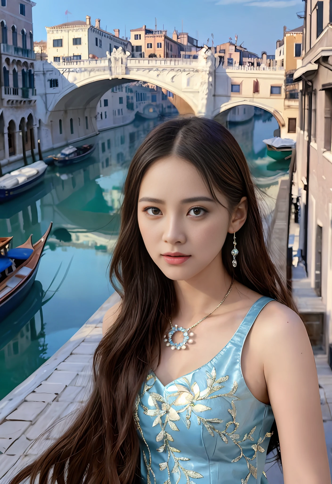 modelshoot style, (extremely detailed CG unity 8k wallpaper), full shot body photo of the most beautiful artwork in the world, stunningly beautiful photo realistic cute women, a hyper realistic ultra detailed photograph of a beautiful girl as a female 2020s dancer on the boat of 2020s Venice,(Bridge Of Sighs background),(princess eyes,shiny pupils), detailed symmetric beautiful hazel eyes, detailed gorgeous face,highly detailed, vibrant,professional majestic oil painting by Ed Blinkey, Atey Ghailan, Studio Ghibli, by Jeremy Mann, Greg Manchess, Antonio Moro, trending on ArtStation, trending on CGSociety, Intricate, High Detail, Sharp focus, dramatic, photorealistic painting art by midjourney and greg rutkowski
