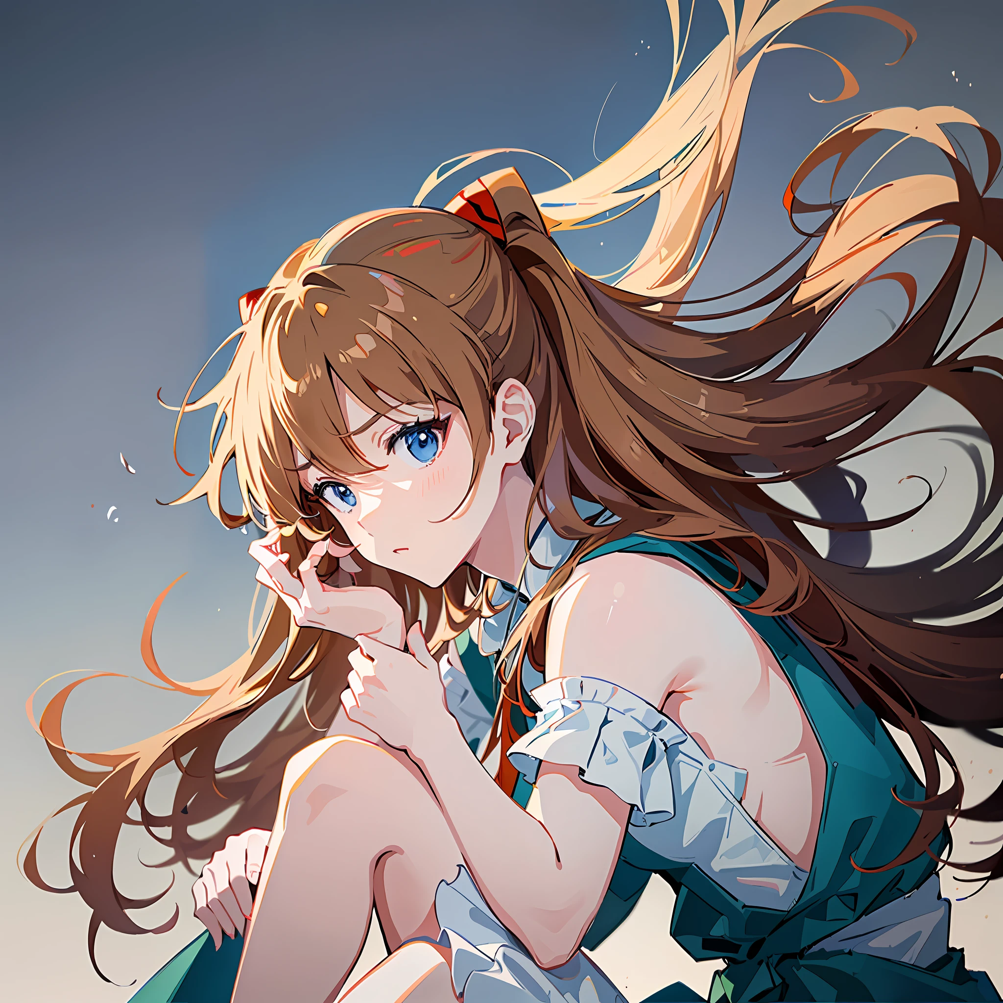 (Masterpiece, Best Quality), Asuka, 1 girl, hair fluttering in the wind, tsundere expression, wallpaper, white solid background, solid background, minimalist style, white dress, hands on knees, calves and ground vertical, simple, close-up, figures in the middle, warm colors, minimalist, --v6