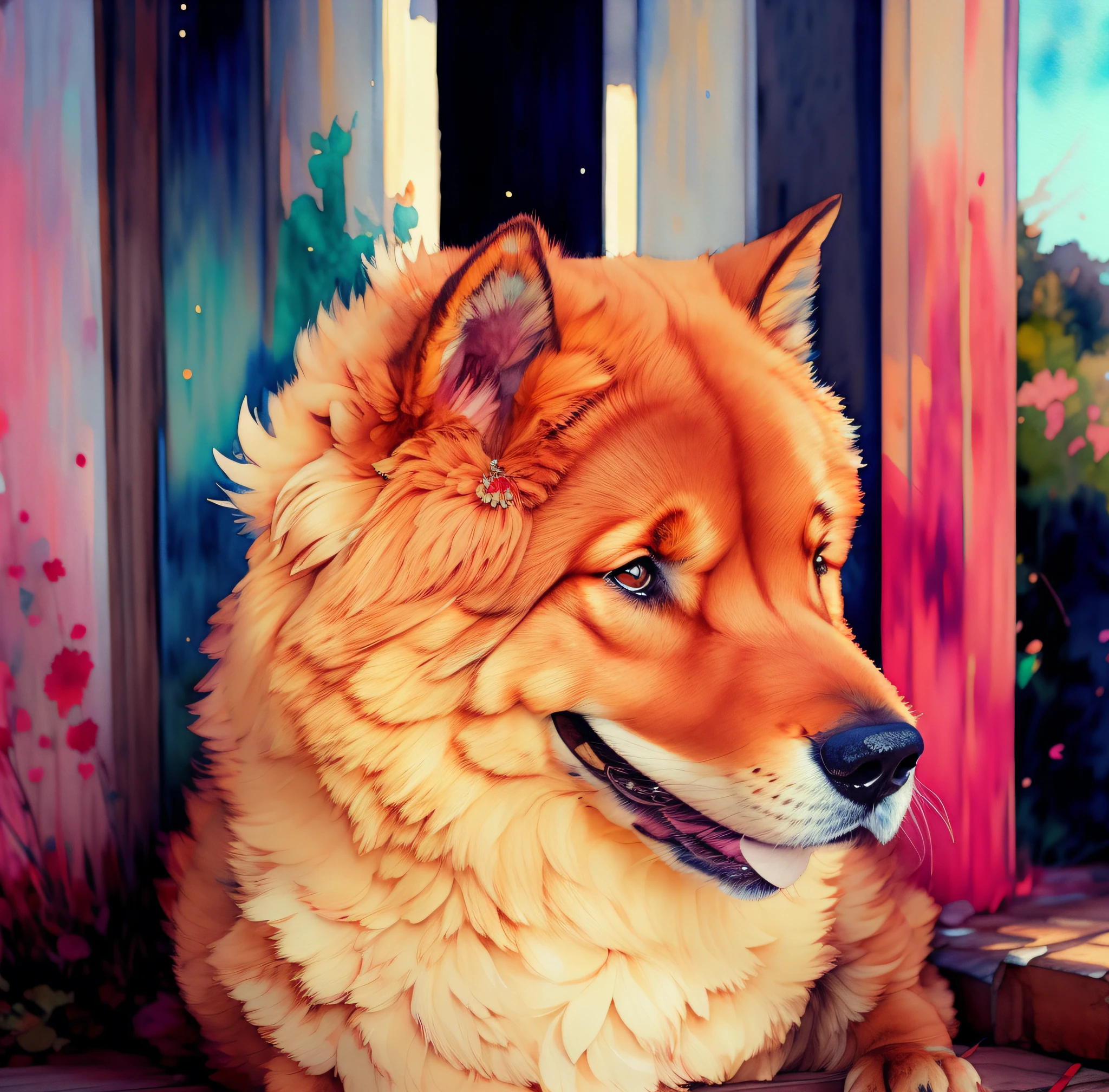 wtrcolor style, digital art of (dog character chow chow), official art, frontal, smiling, masterpiece, beautiful, ((watercolor)), face painting, paint splashes, intricate details, (((many colors))). Detailed and highly detailed eyes, [pinging: 0.5], Trend in artstation, by Rachel Walker