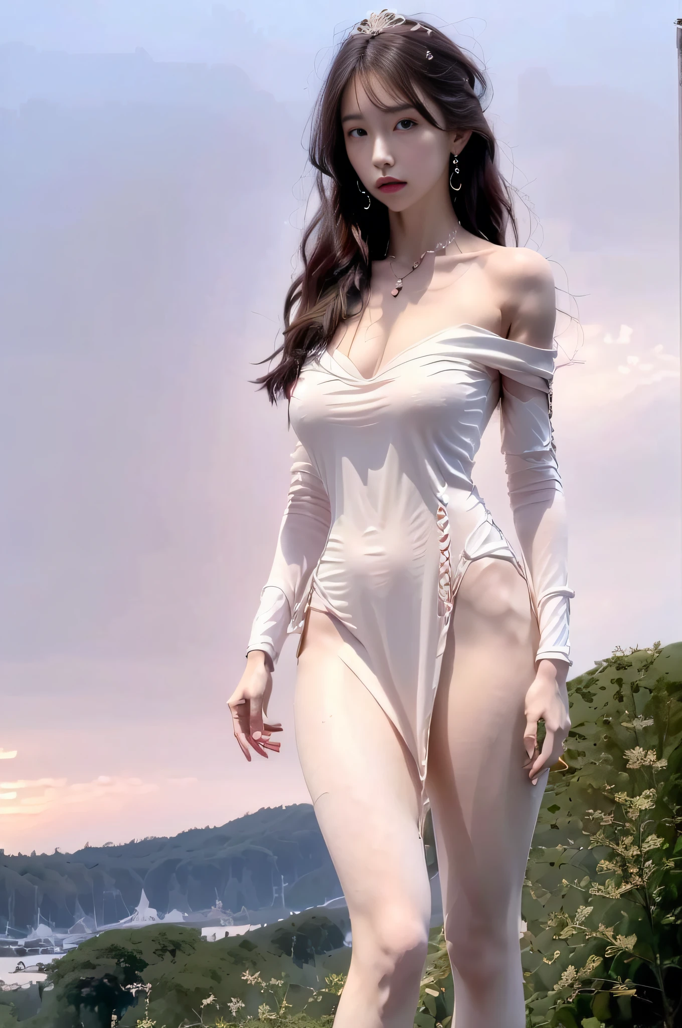 (8K, RAW, Professional, Best Quality, Masterpiece:1.2), Prairie, tall and thin, slender legs, showing inner thighs, (realistic, realistic: 1.37), Ultra detail, (Show full body image), (Maximum detail skin: 1.2), (Top detail face: 1.3), Cinematic lighting, 1 girl,