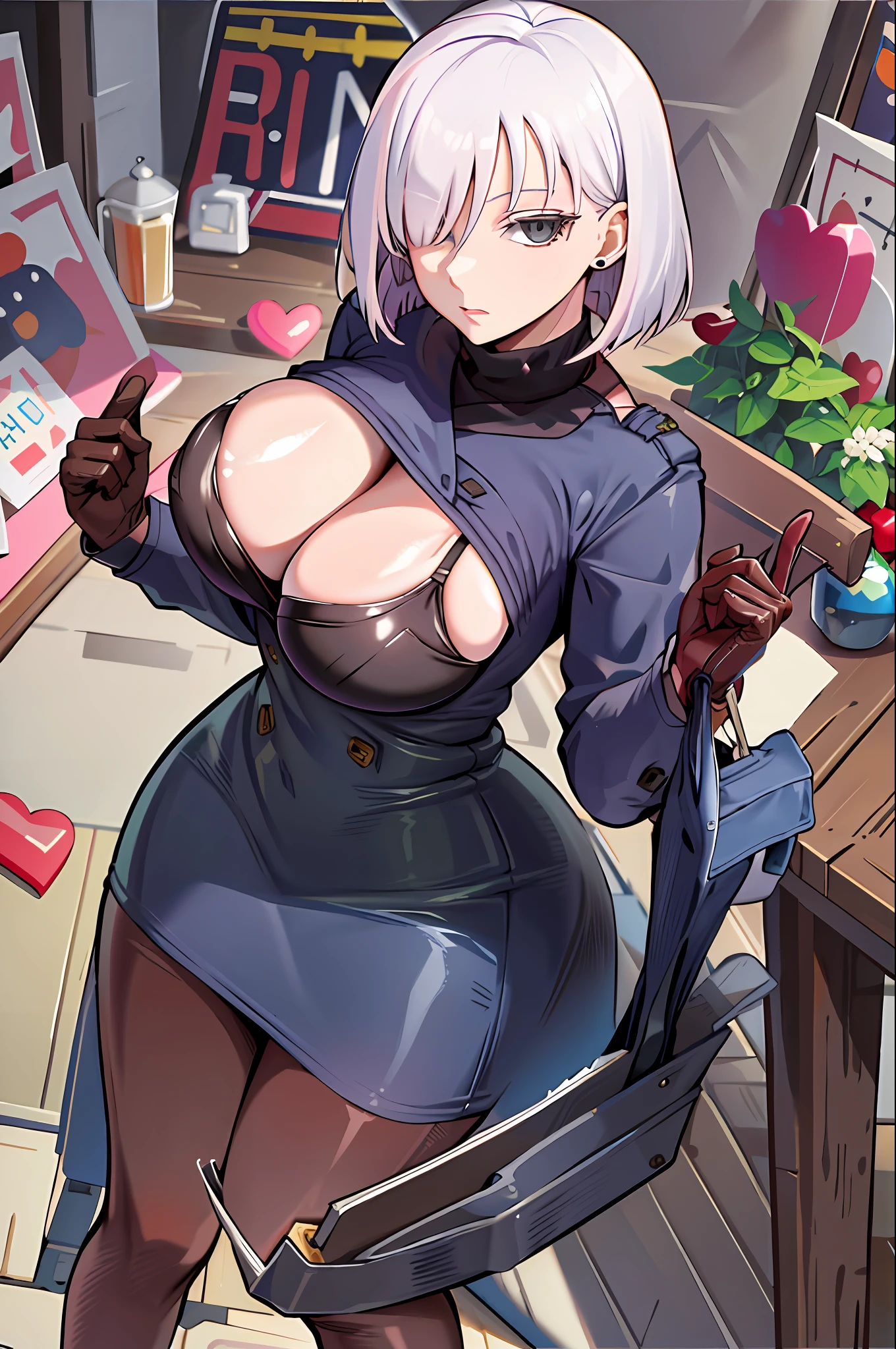 masterpiece, best quality, highres, fiona1, spy x family, hair_over_one_eye, solo, brown gloves, blue coat, buttons, jewelry, earring, large breasts, expressionless, cowboy shot,  open coat, bra, penties, thong, indoors,standing,