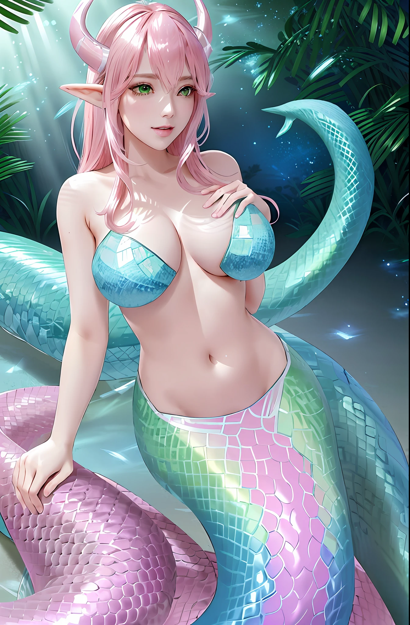 Neeko from League of Legends, wet, major cleavage, high resolution, 8k, vice photography style, perfect composition, detailed snake skin, detailed scales skin, ta, succubus, solo focus, ( lamia :1.4), stoic, horns, wide hips, beautiful eyes, beautiful background, abandoned cabin, forest, light particles, sun rays, dramatic lighting, outside, grass, leaves, shiny (pink, blue, green gradient:1.5), realistic, masterpiece, best quality, ultra-detailed, detailed, scenery, beautiful detailed eyes, detailed pupils and iris of eyes, detailed hair, perfect body, perfect face, realistic facial features, ray tracing, volumetric lighting, perfect hands, perfect details, machine learning engineered image, perfection, trending on pixiv, trending on civitai, ( mid chests ), wide bottoms, blush, shy and seductive posture arching her back down, pointed ears, sexy body, bioluminescence,