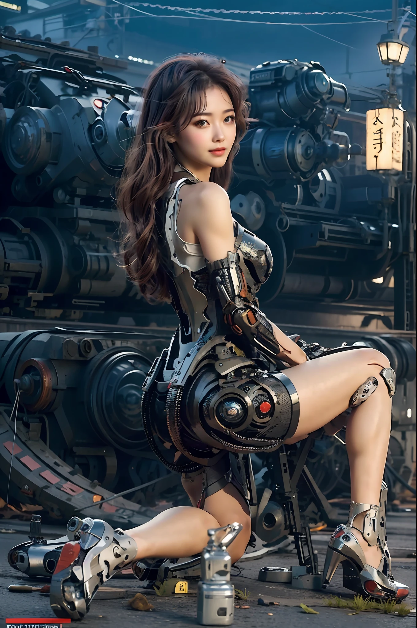 Cyborg woman in black dress sitting on the side of the road, gorgeous young Korean cyborg woman, mechanical shoulder blade, (mechanical body), mechanical arm, manipulator, white mechanical leg, mechanical stomach, smile, two legs one in front of the other, left leg kneeling on the ground with one leg,