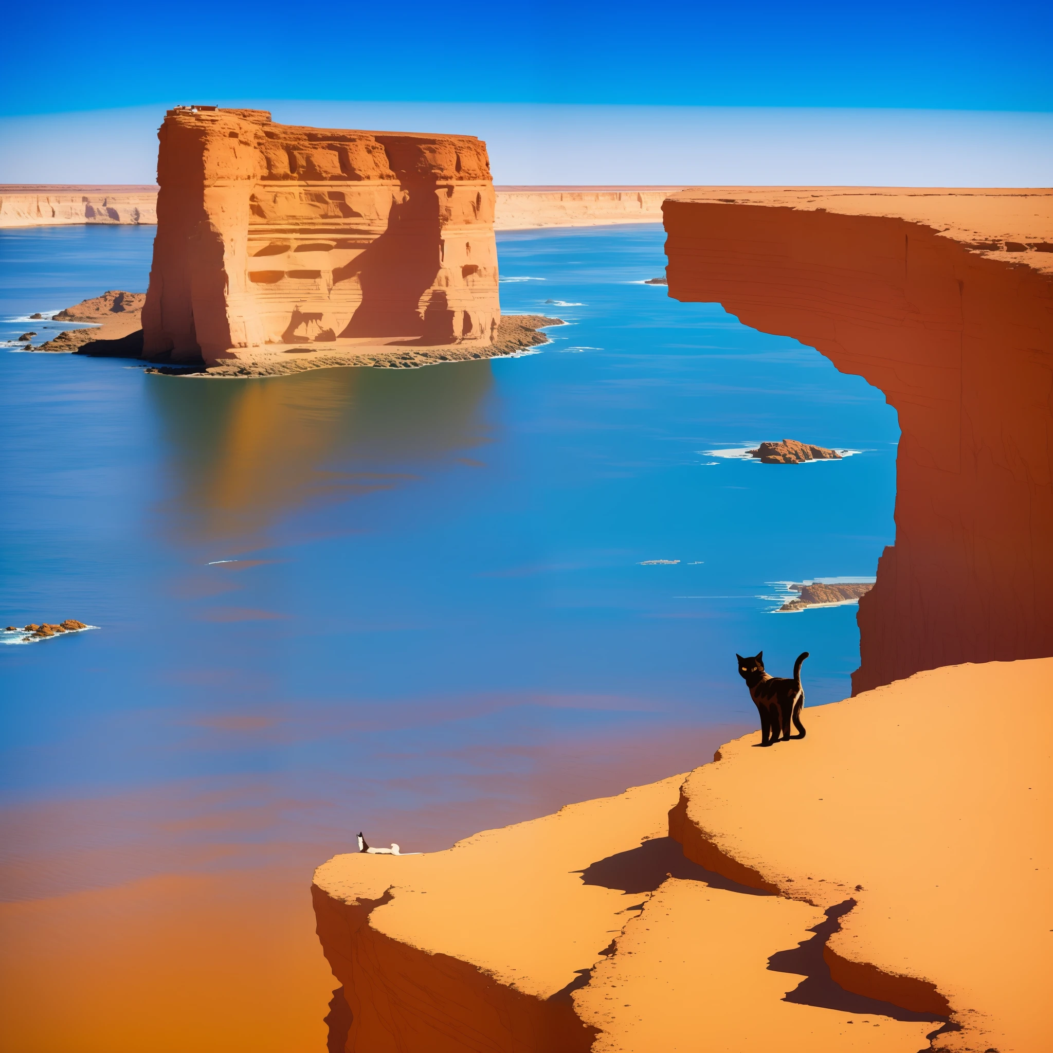 desert, cliffs, sun, blue sky,cat standing on cliff, Moebius style