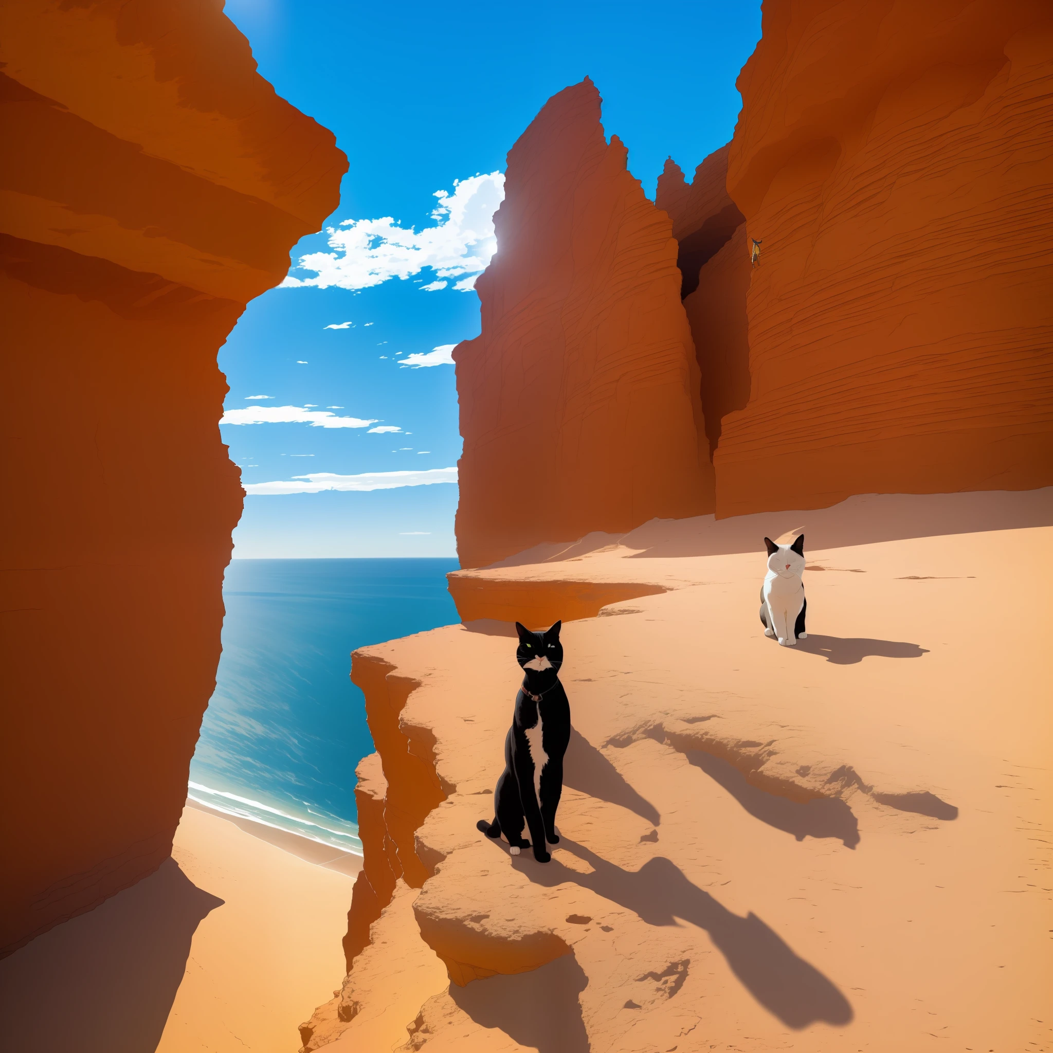 desert, cliffs, sun, blue sky,cat standing on cliff, Moebius style